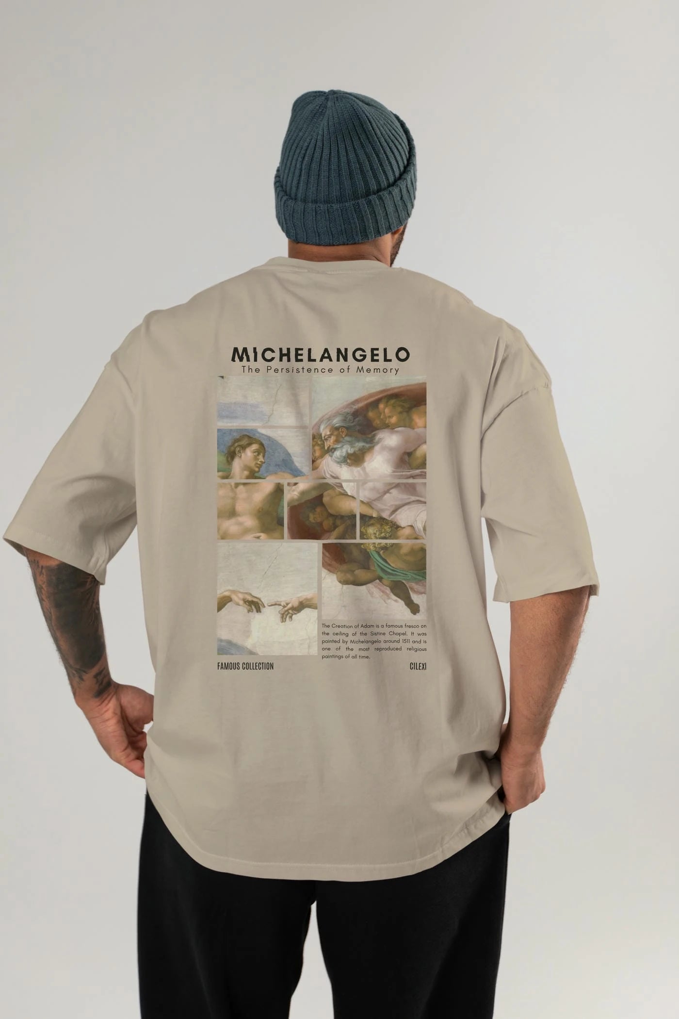 Michelangelo Arka Baskılı Oversize t-shirt Erkek Kadın Bisiklet Yaka Pamuk tişort