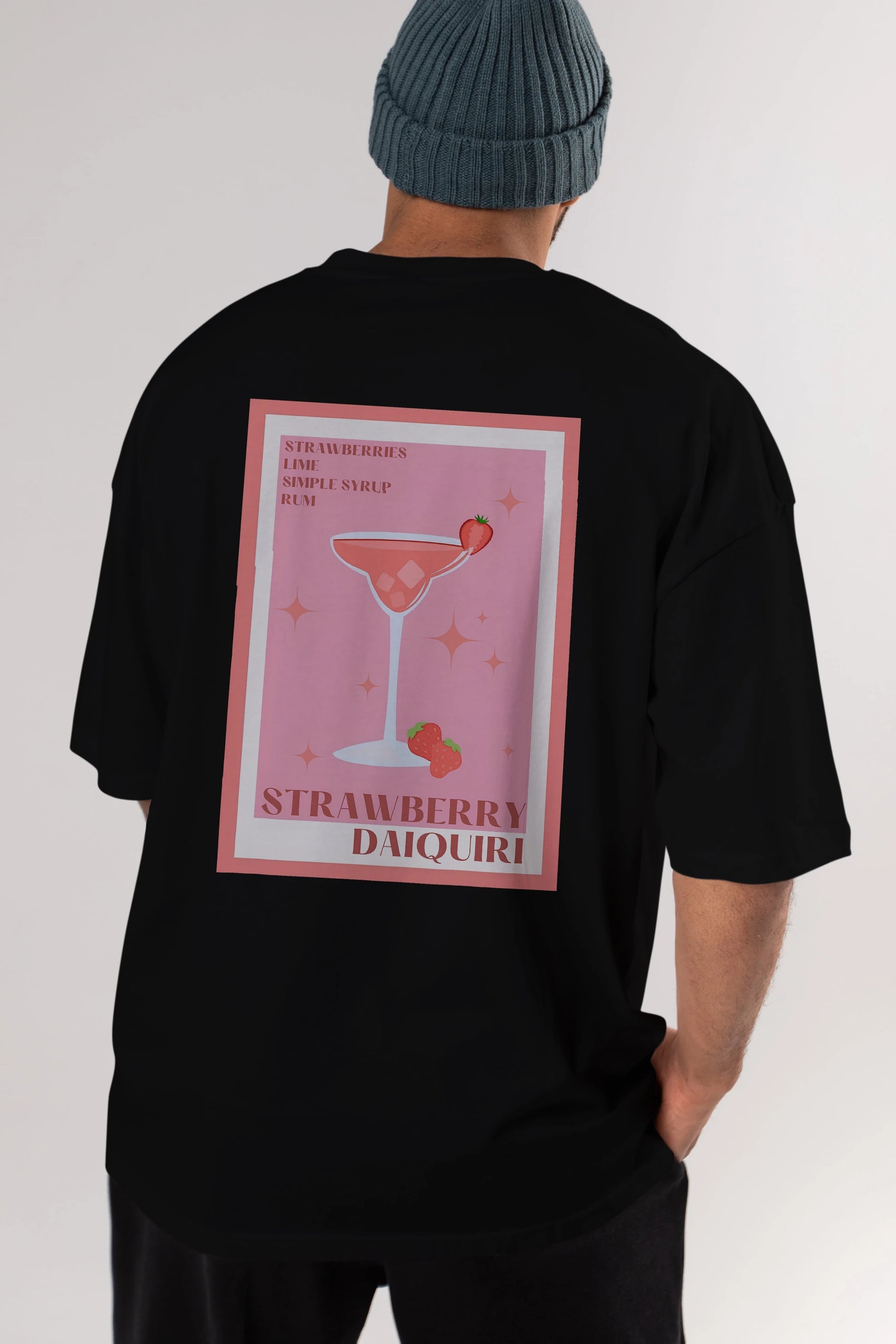 Strawberry Daiquiri Arka Baskılı Oversize t-shirt Erkek Kadın Unisex %100 Pamuk Bisiklet Yaka tişort