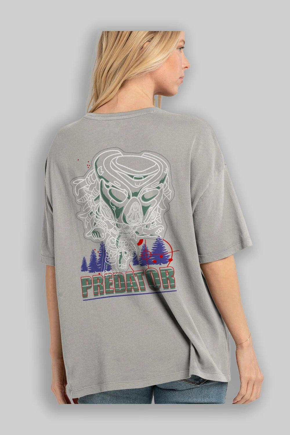 Predator Arka Baskılı Oversize t-shirt Erkek Kadın Unisex %100 Pamuk Bisiklet Yaka tişort