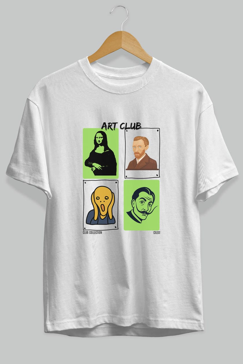 Art Club ön Baskılı Oversize t-shirt Erkek Kadın %100 Pamuk Bisiklet Yaka tişort