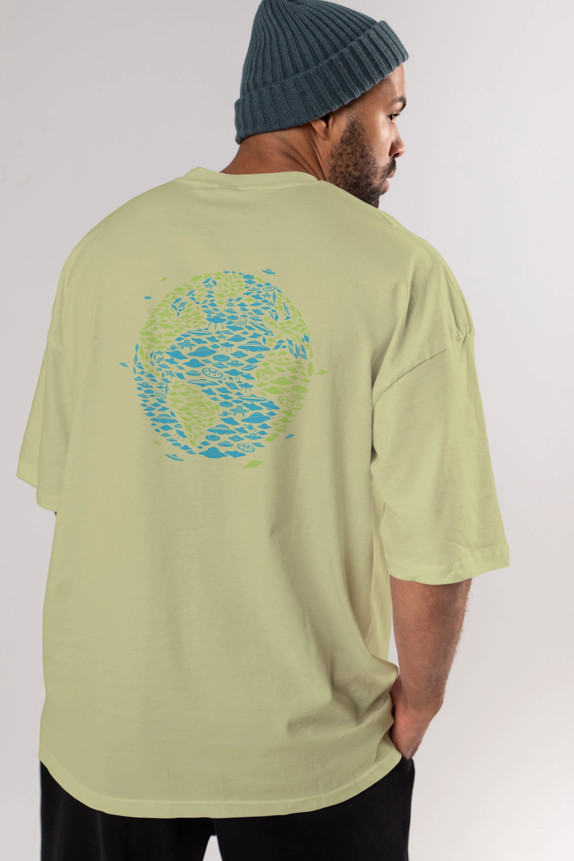 UFO Invasion Arka Baskılı Oversize t-shirt %100 pamuk Erkek Kadın Unisex