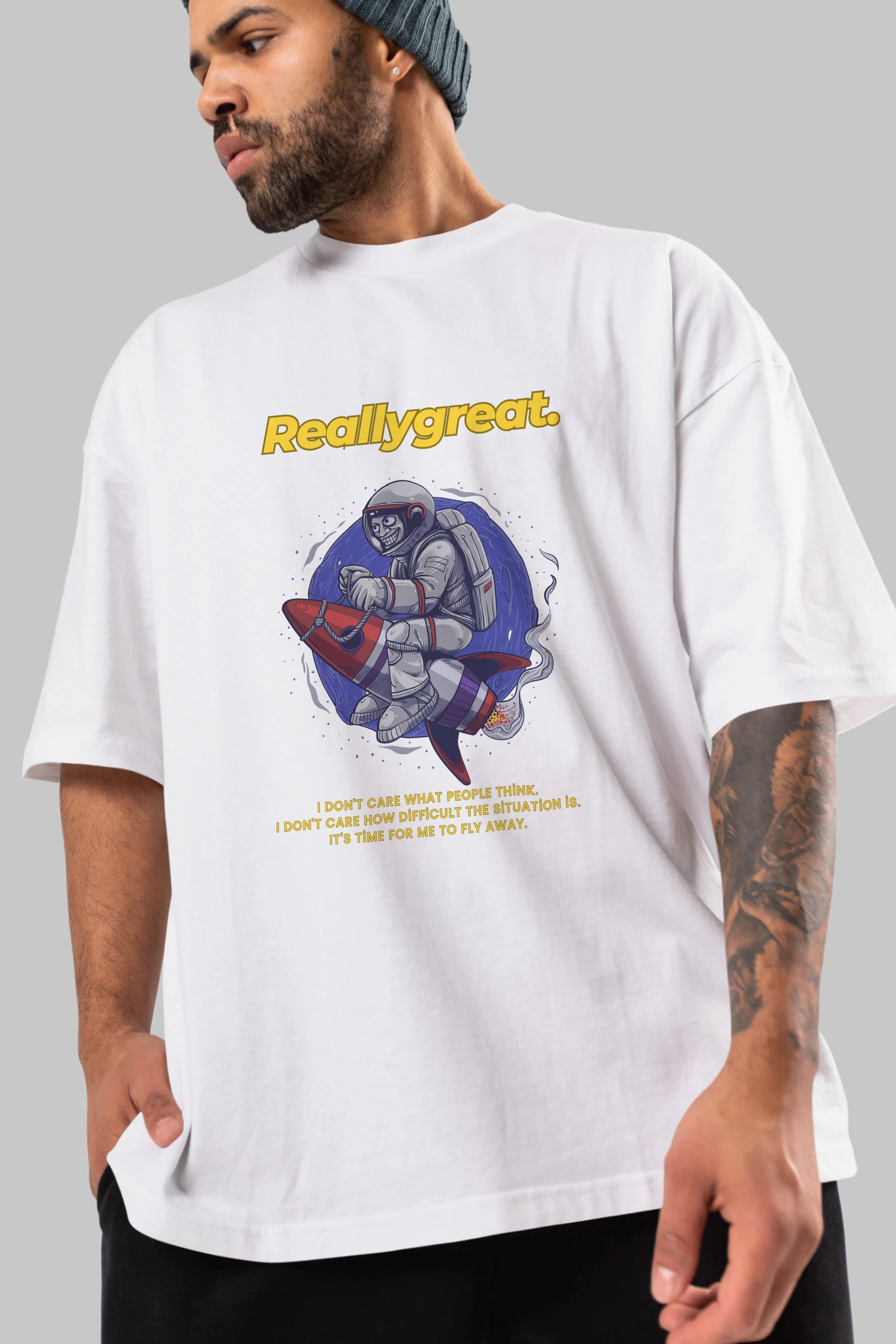 Reallygreat Astronaut Ön Baskılı Oversize t-shirt Erkek Kadın Unisex