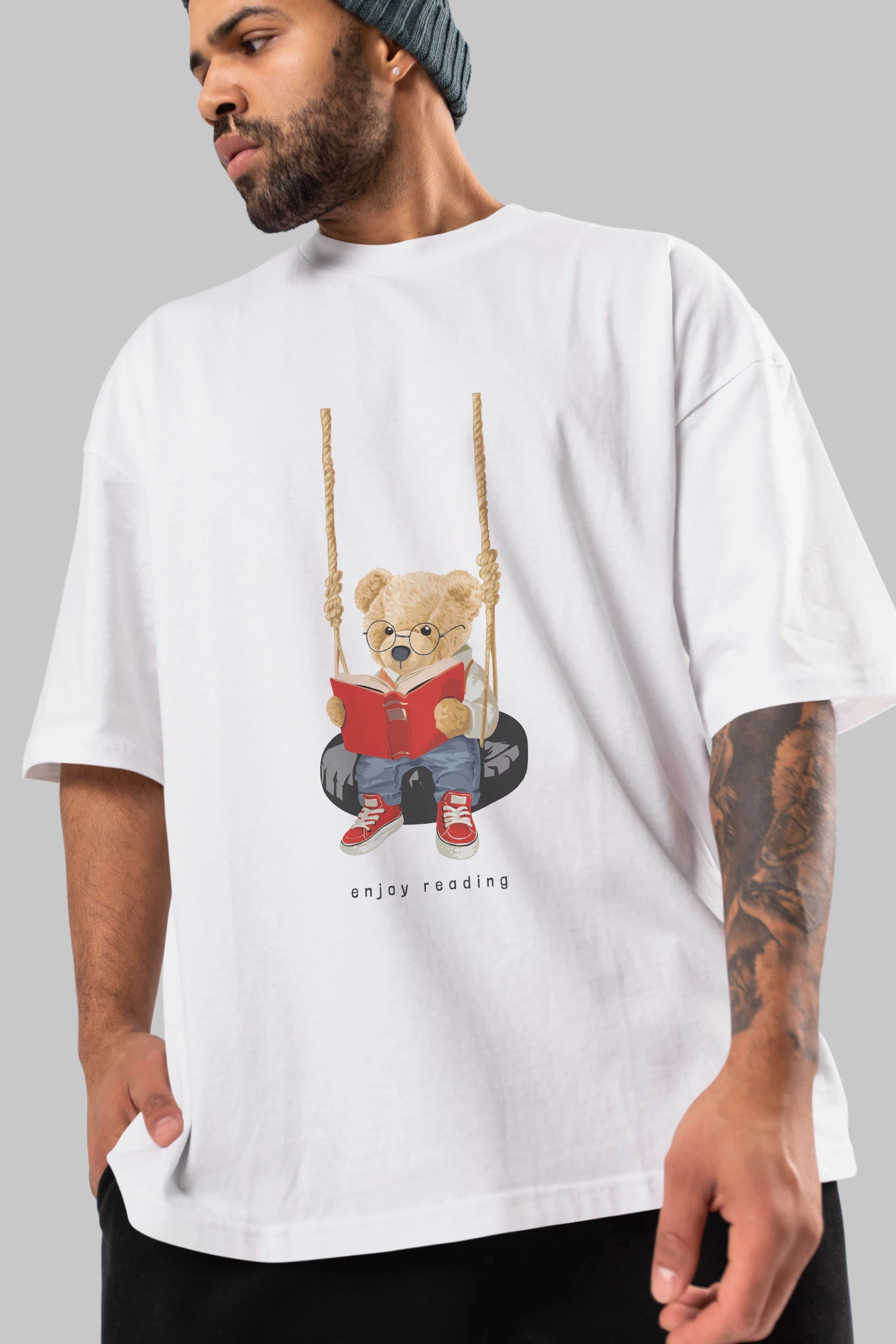 Teddy Bear Enjoy Reading Ön Baskılı Oversize t-shirt Erkek Kadın Unisex %100 Pamuk