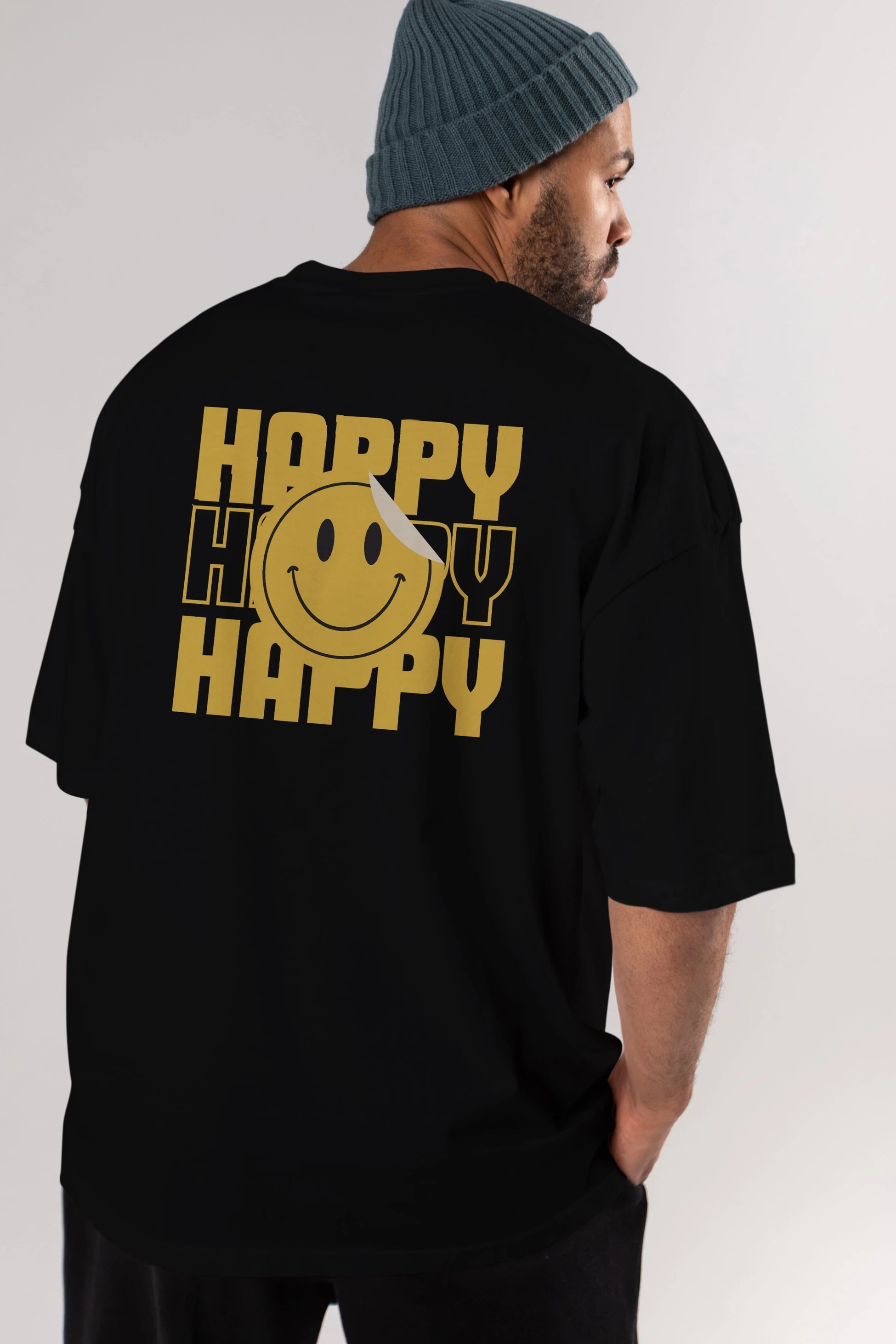 Happy Smile Yazılı Arka Baskılı Oversize t-shirt Erkek Kadın Unisex