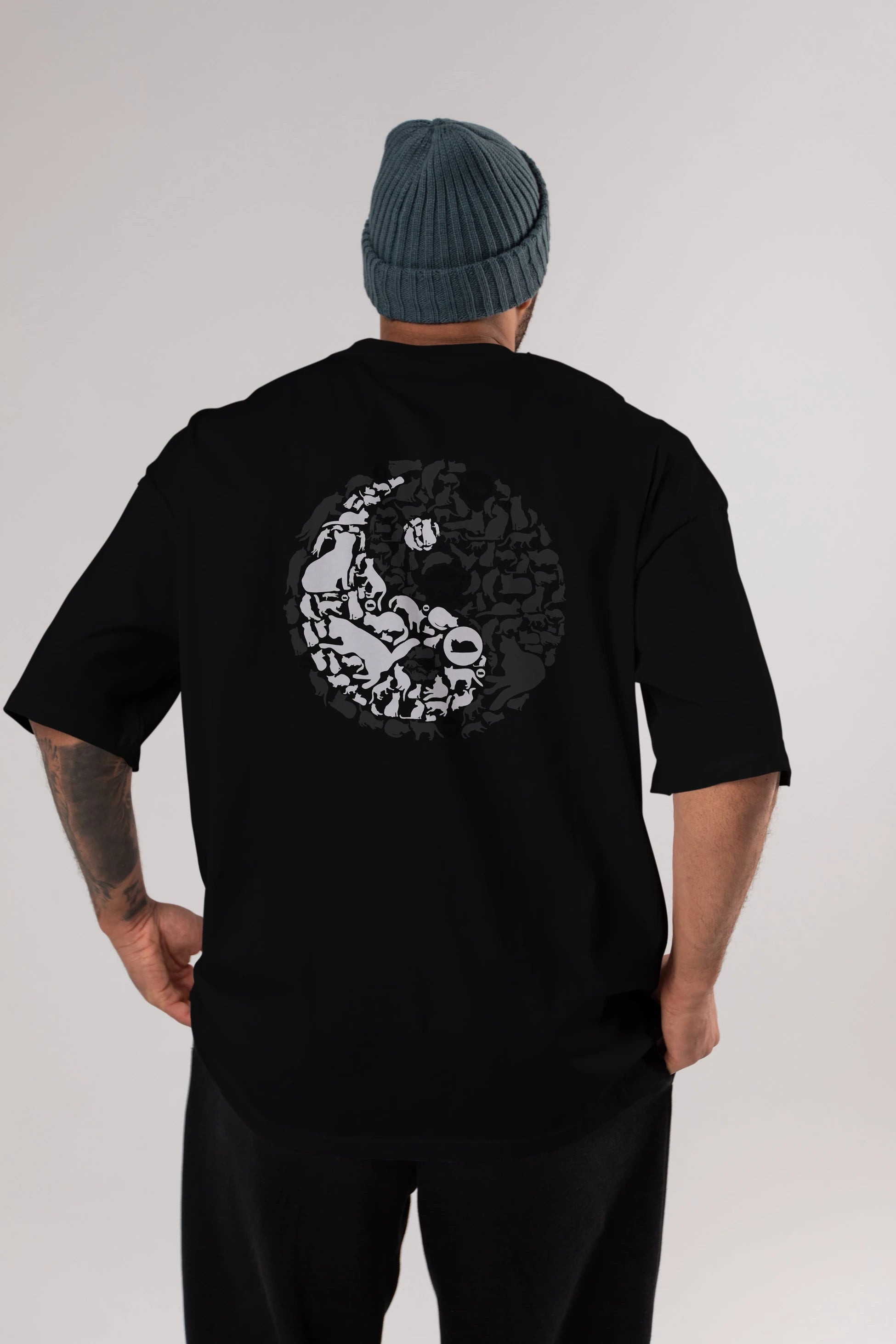 YinYang Cats Arka Baskılı Oversize t-shirt %100 pamuk Erkek Kadın Unisex