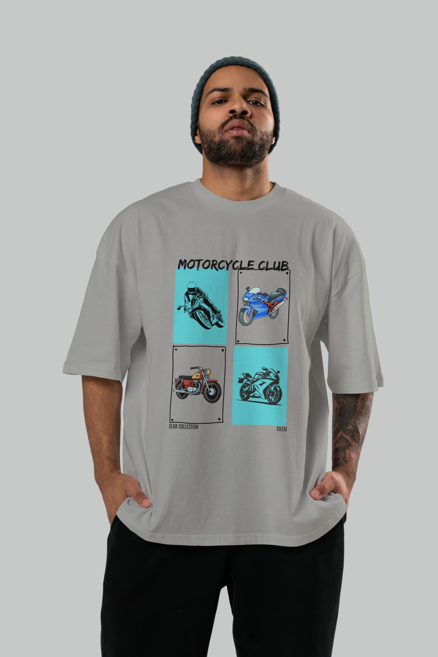 Motorcycle Club ön Baskılı Oversize t-shirt Erkek Kadın %100 Pamuk Bisiklet Yaka tişort