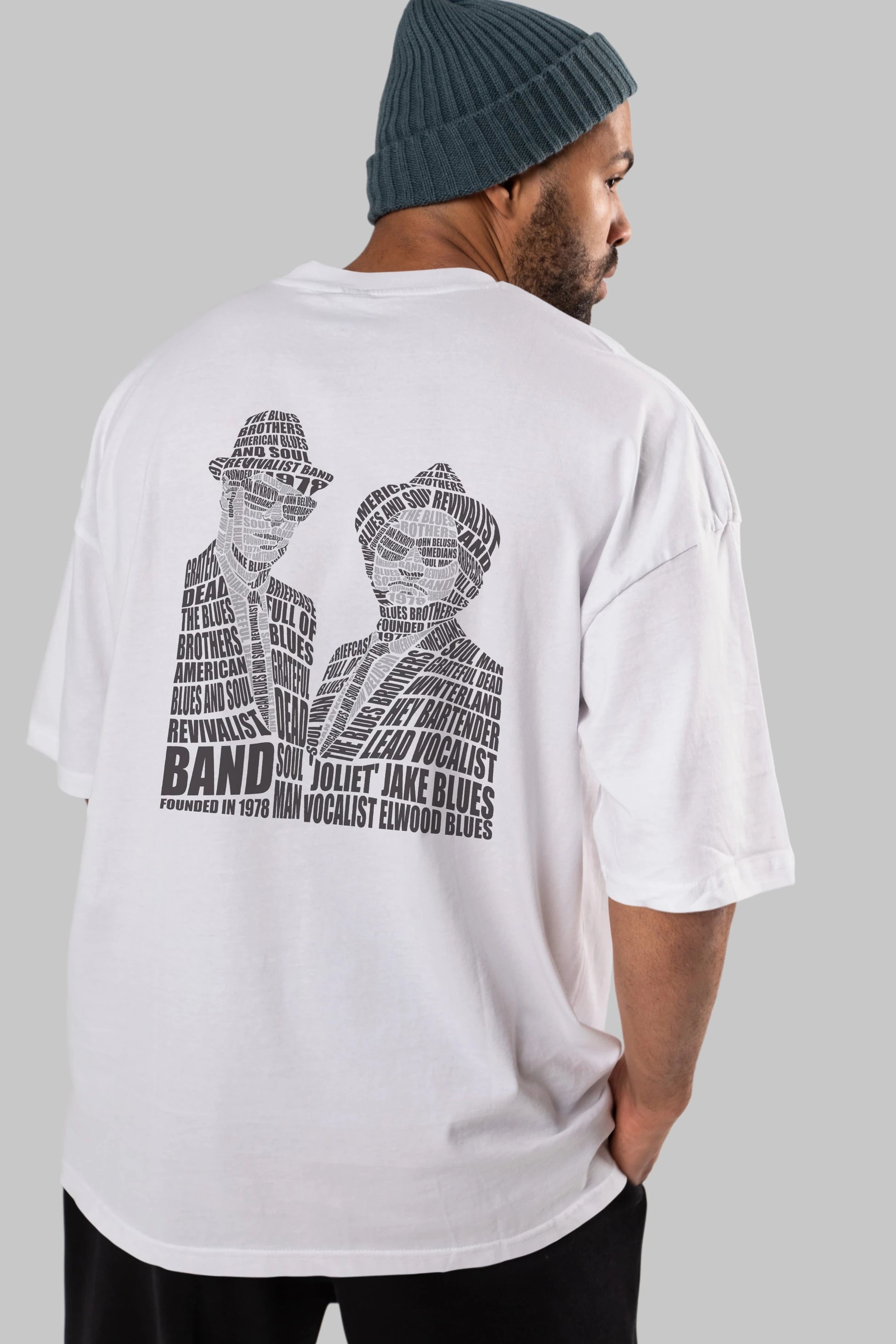 Blues Brothers Calligram Arka Baskılı Oversize t-shirt %100 pamuk Erkek Kadın Unisex