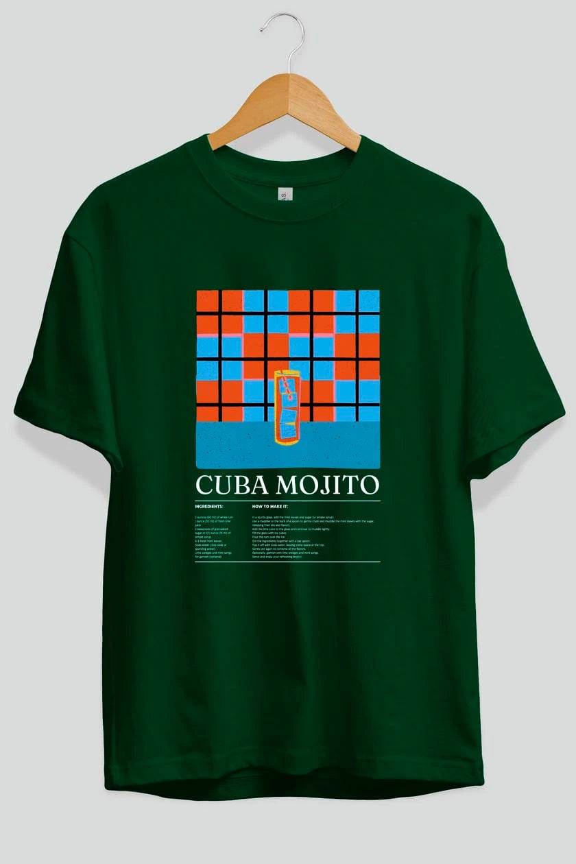 Cuba Mojito Kokteyl Ön Baskılı Oversize t-shirt Erkek Kadın %100 Pamuk Bisiklet Yaka tişort
