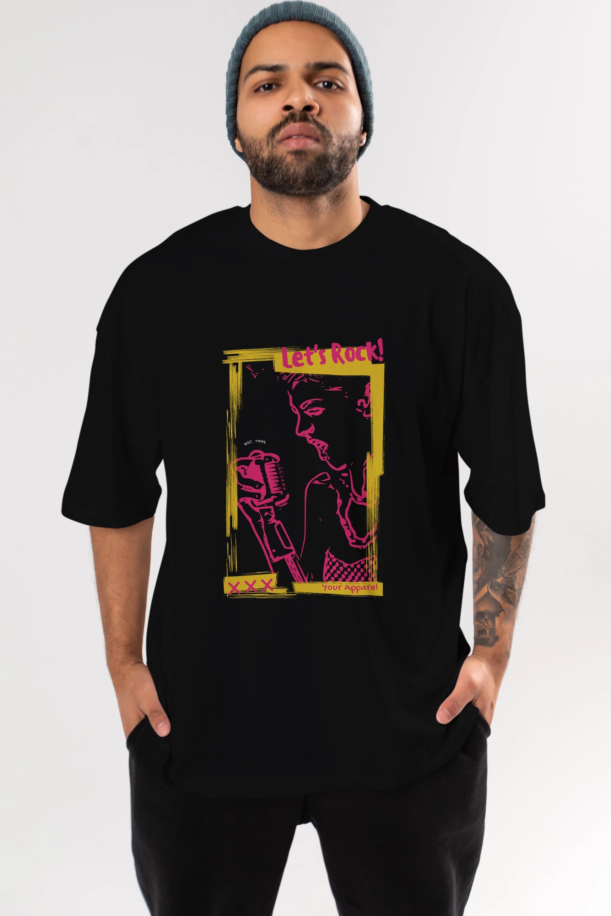 Let's Rock Yazılı Ön Baskılı Oversize t-shirt Erkek Kadın Unisex