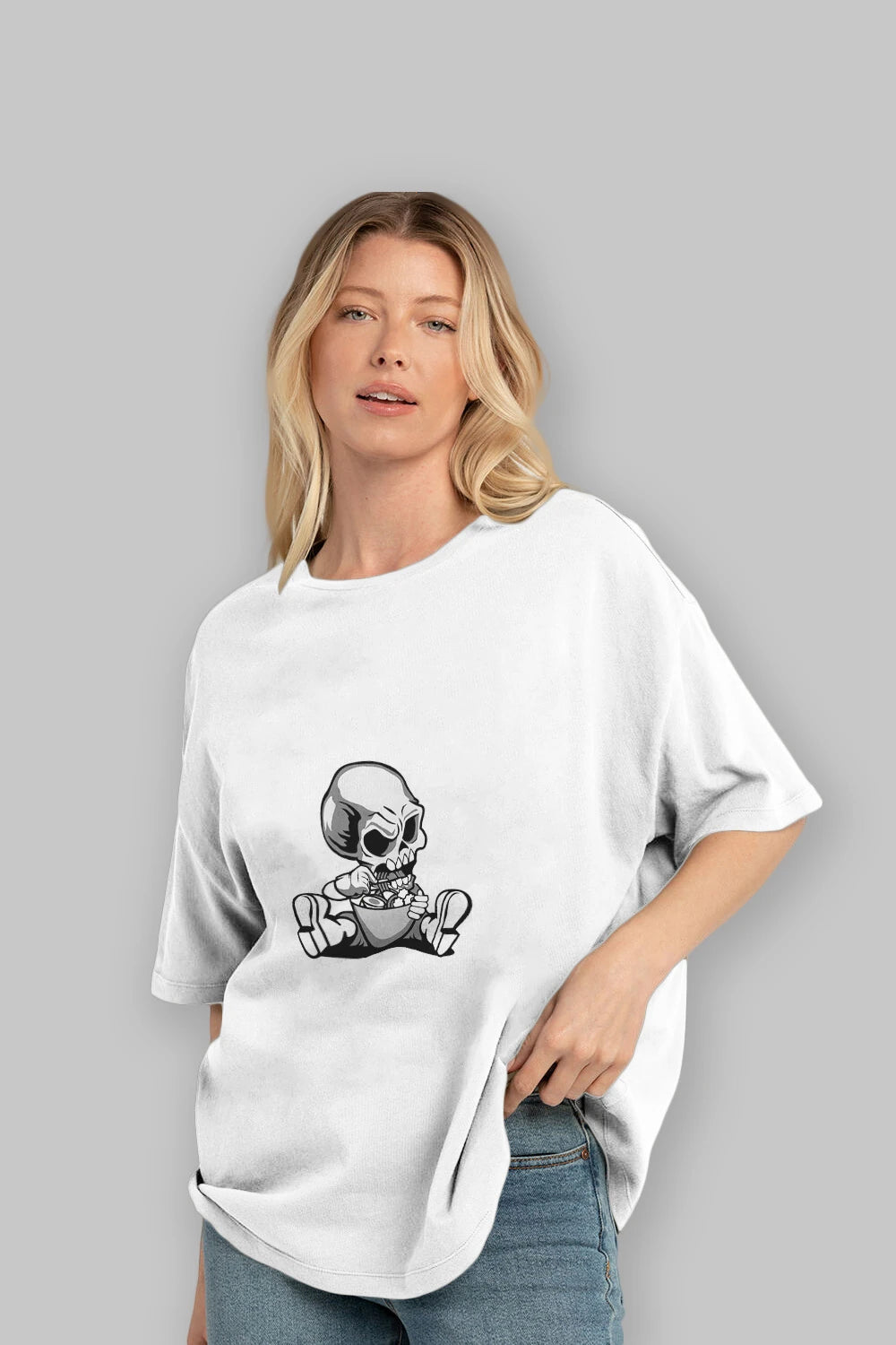 Skull Eat Ramen Ön Baskılı Oversize t-shirt Erkek Kadın Unisex %100 Pamuk tişort