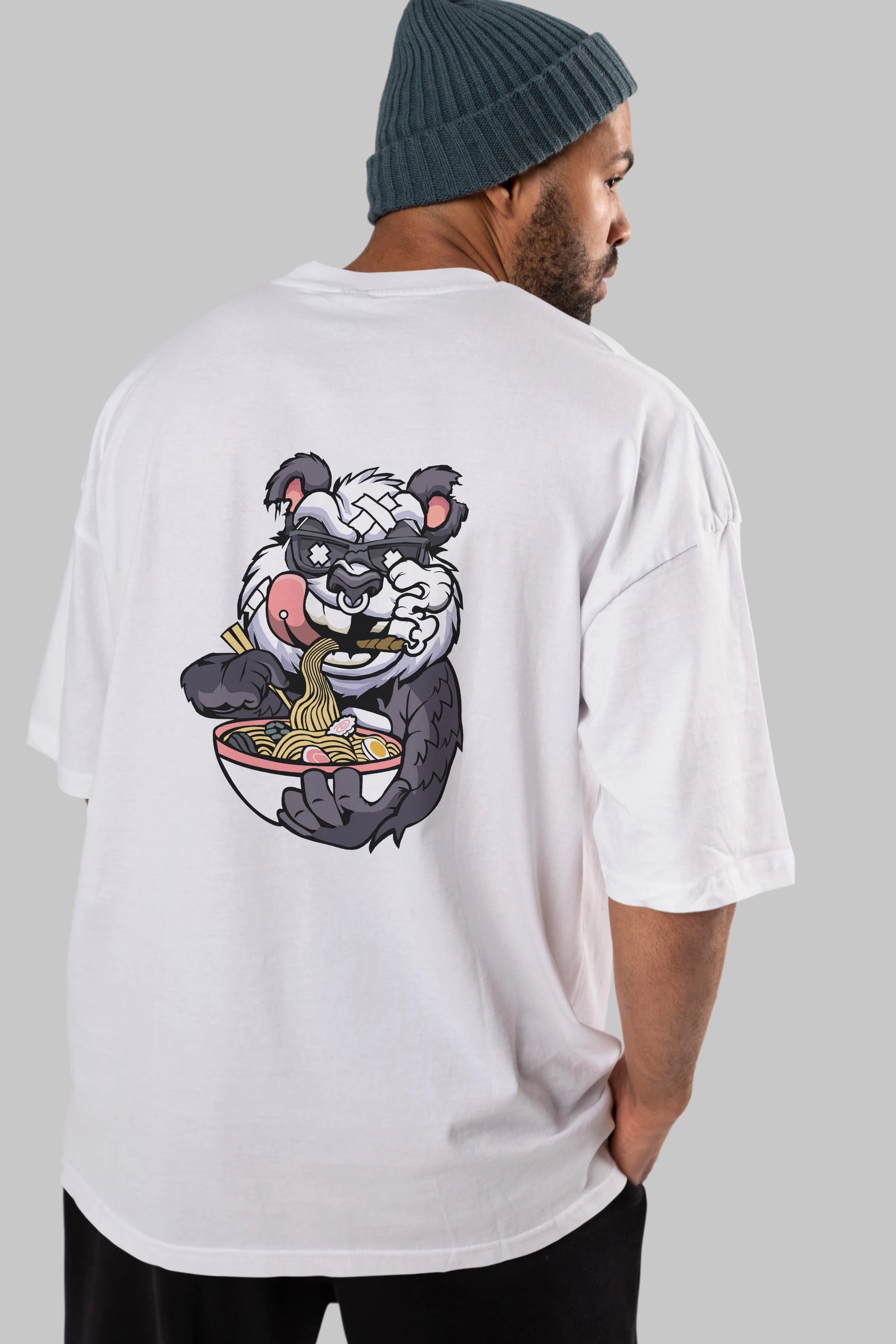 Panda Ramen Arka Baskılı Oversize t-shirt Erkek Kadın Unisex %100 Pamuk tişort