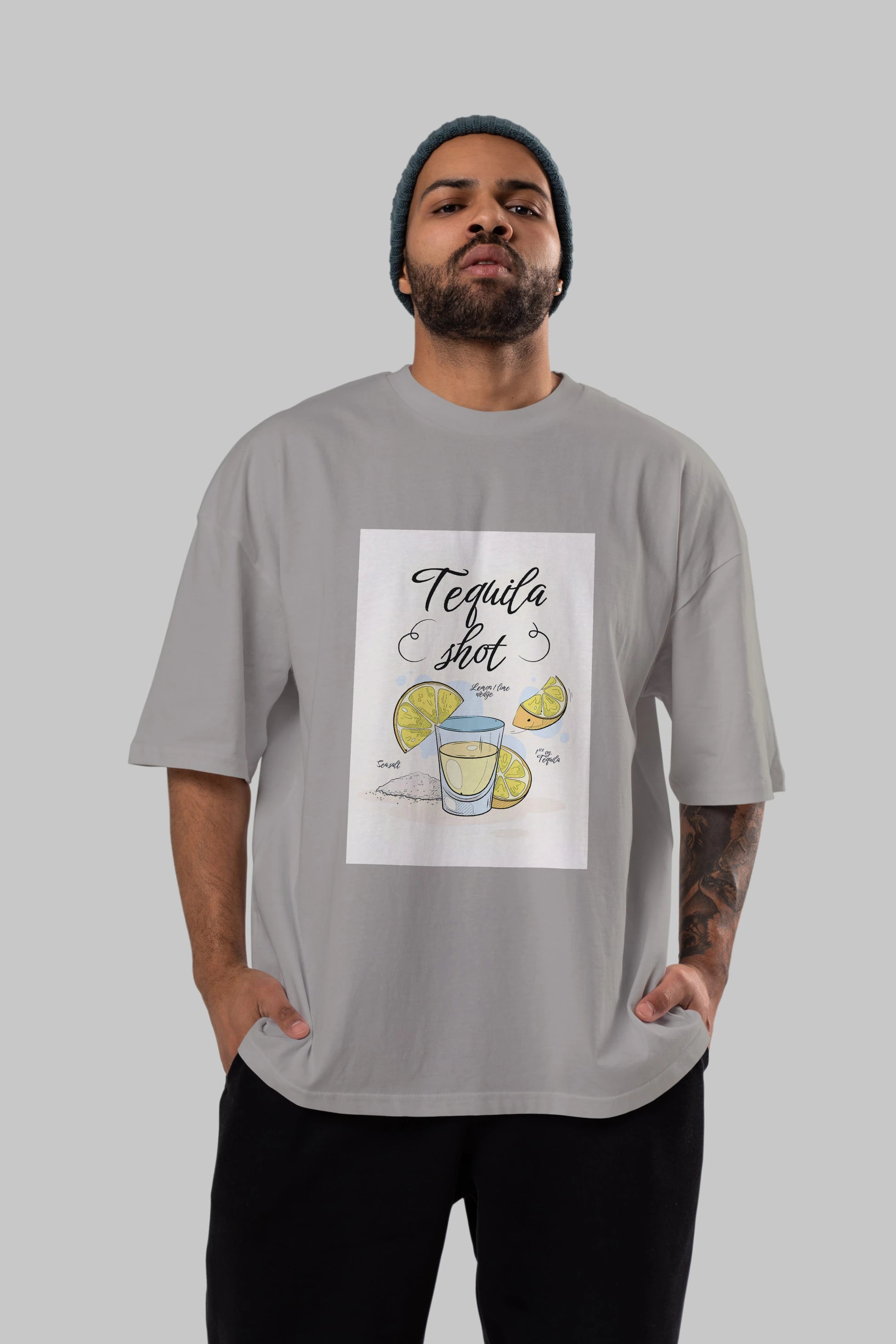 Tequila Shot Ön Baskılı Oversize t-shirt Erkek Kadın Unisex %100 Pamuk Bisiklet Yaka tişort