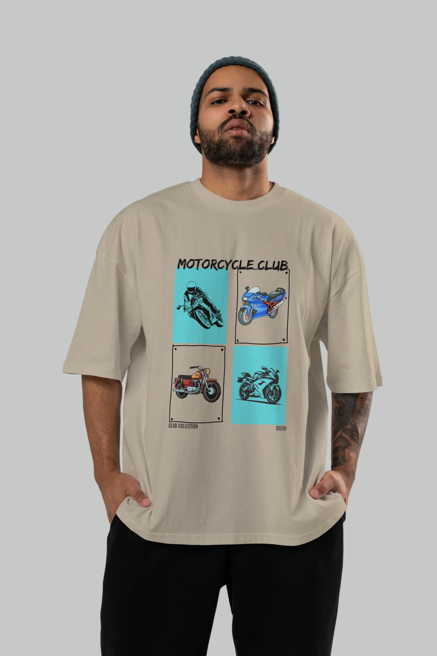 Motorcycle Club ön Baskılı Oversize t-shirt Erkek Kadın %100 Pamuk Bisiklet Yaka tişort