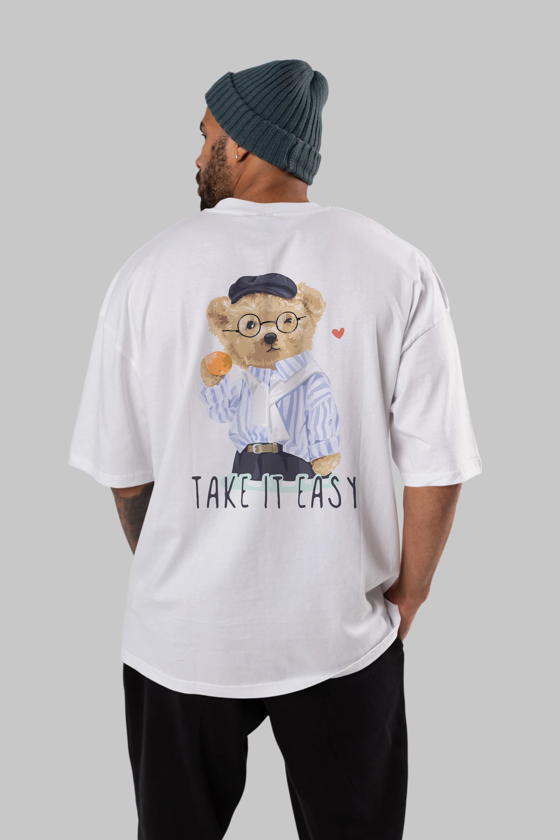 Teddy Bear Take it Easy Arka Baskılı Oversize t-shirt Erkek Kadın Unisex %100 Pamuk