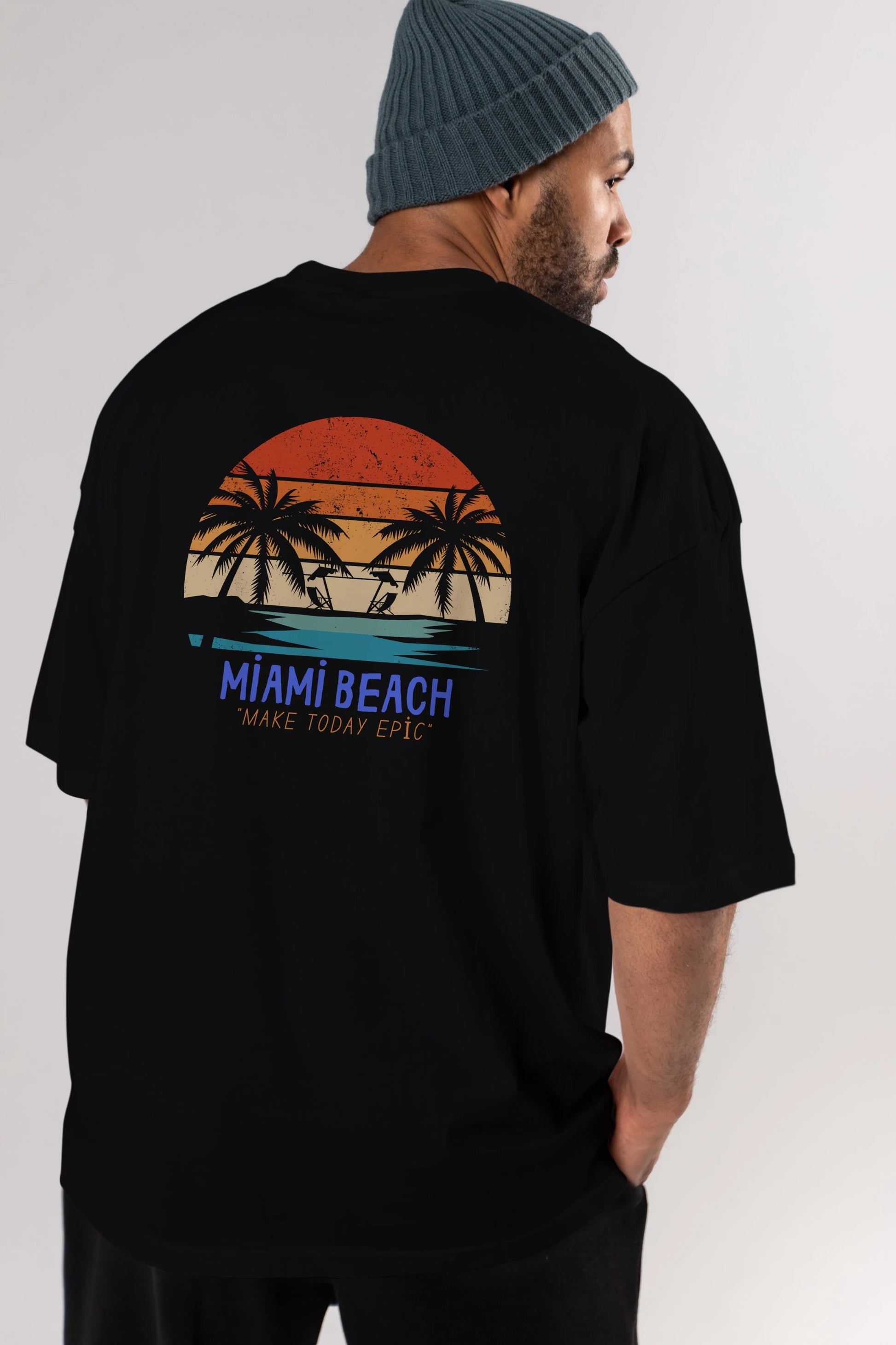 Miami Beach Yazılı Arka Baskılı Oversize t-shirt Erkek Kadın Unisex