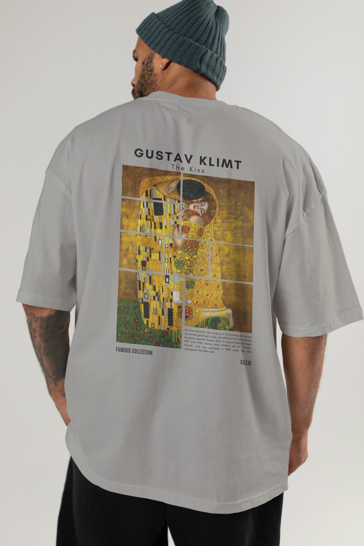 Gustav Klimt The Kiss Arka Baskılı Oversize t-shirt Erkek Kadın Bisiklet Yaka Pamuk tişort