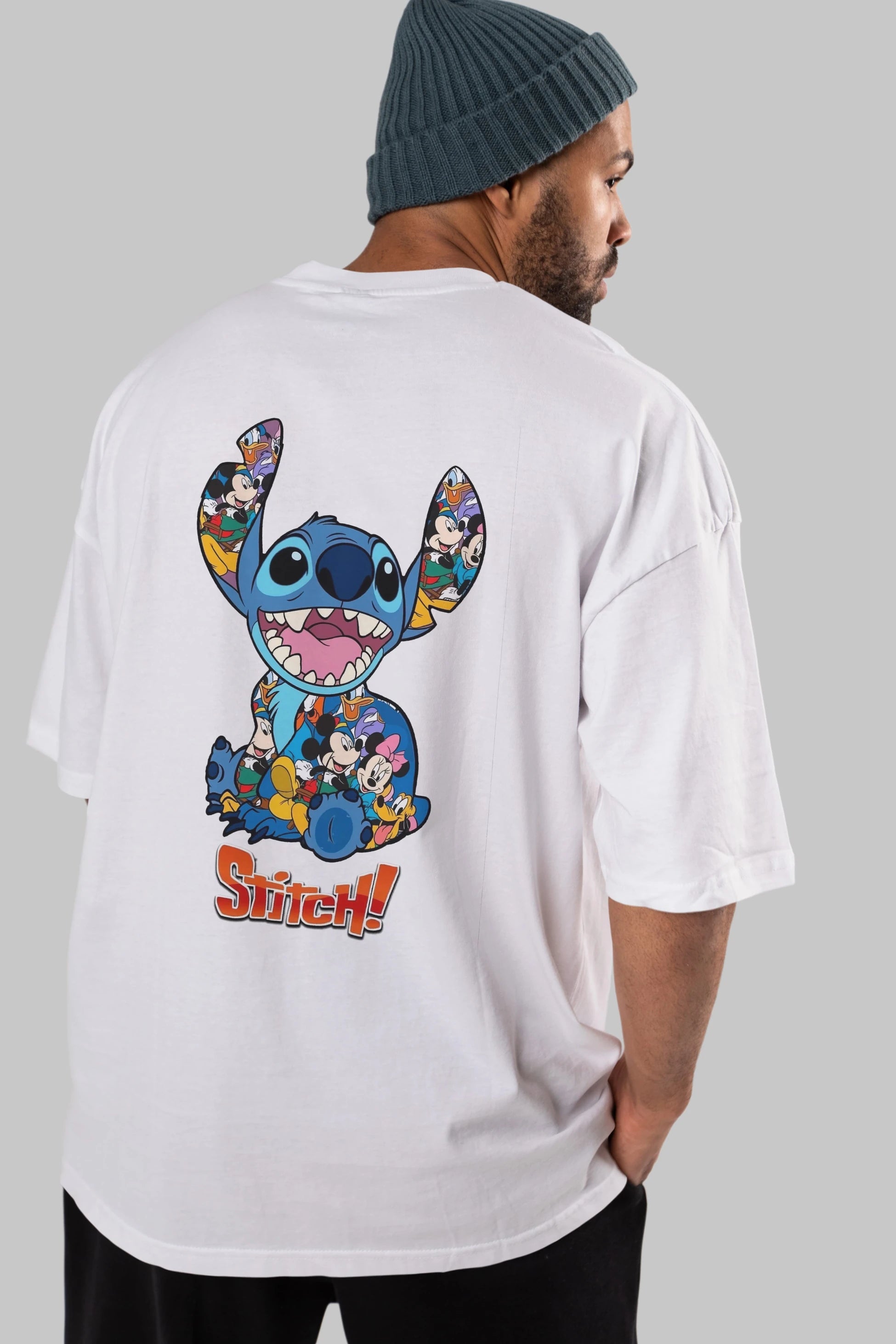 Stitch Arka Baskılı Oversize t-shirt Erkek Kadın Unisex %100 Pamuk Bisiklet Yaka tişort