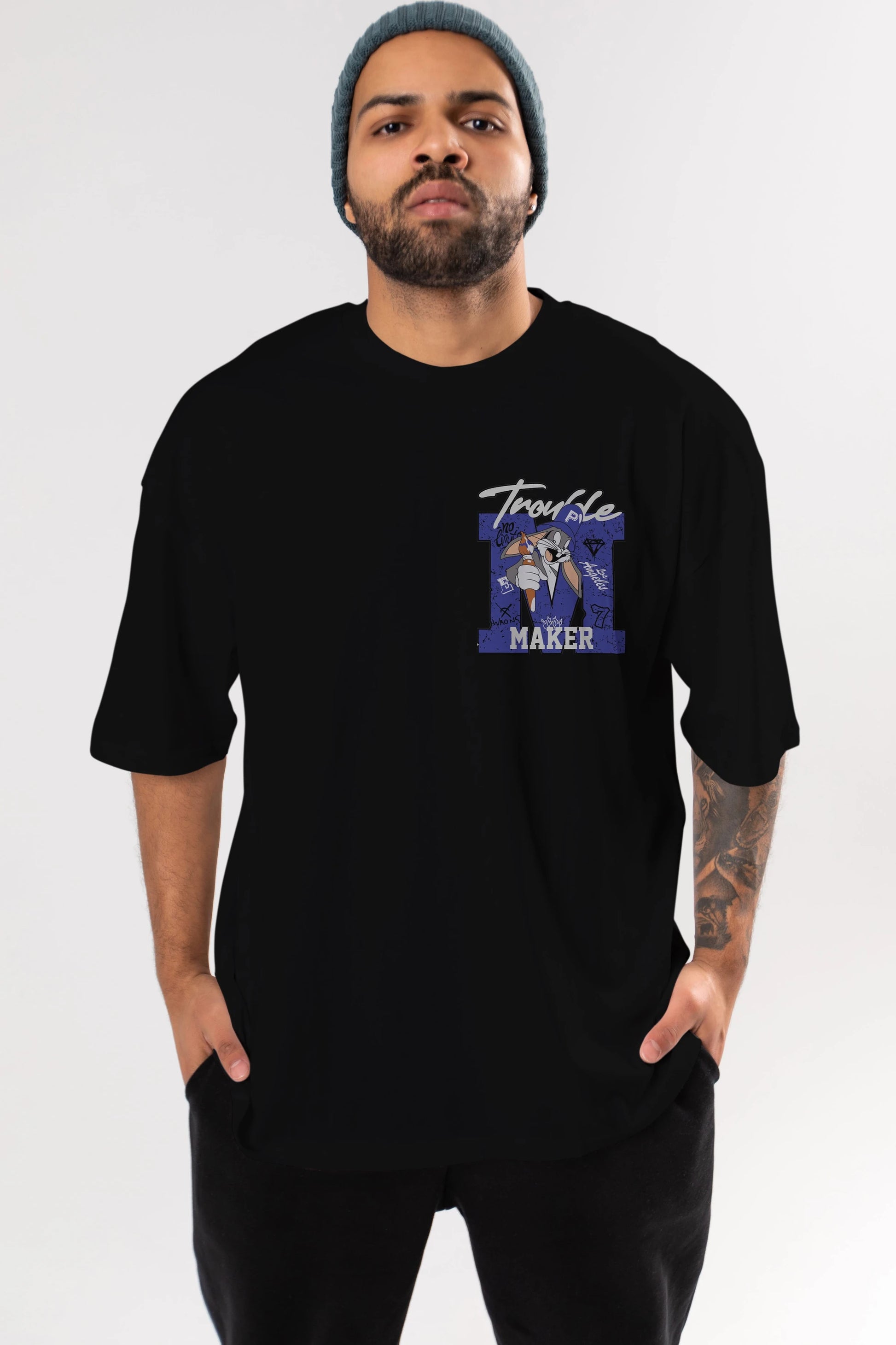 Bugs Bunny Ön Sol Baskılı Oversize t-shirt Erkek Kadın Unisex %100 Pamuk Bisiklet Yaka tişort