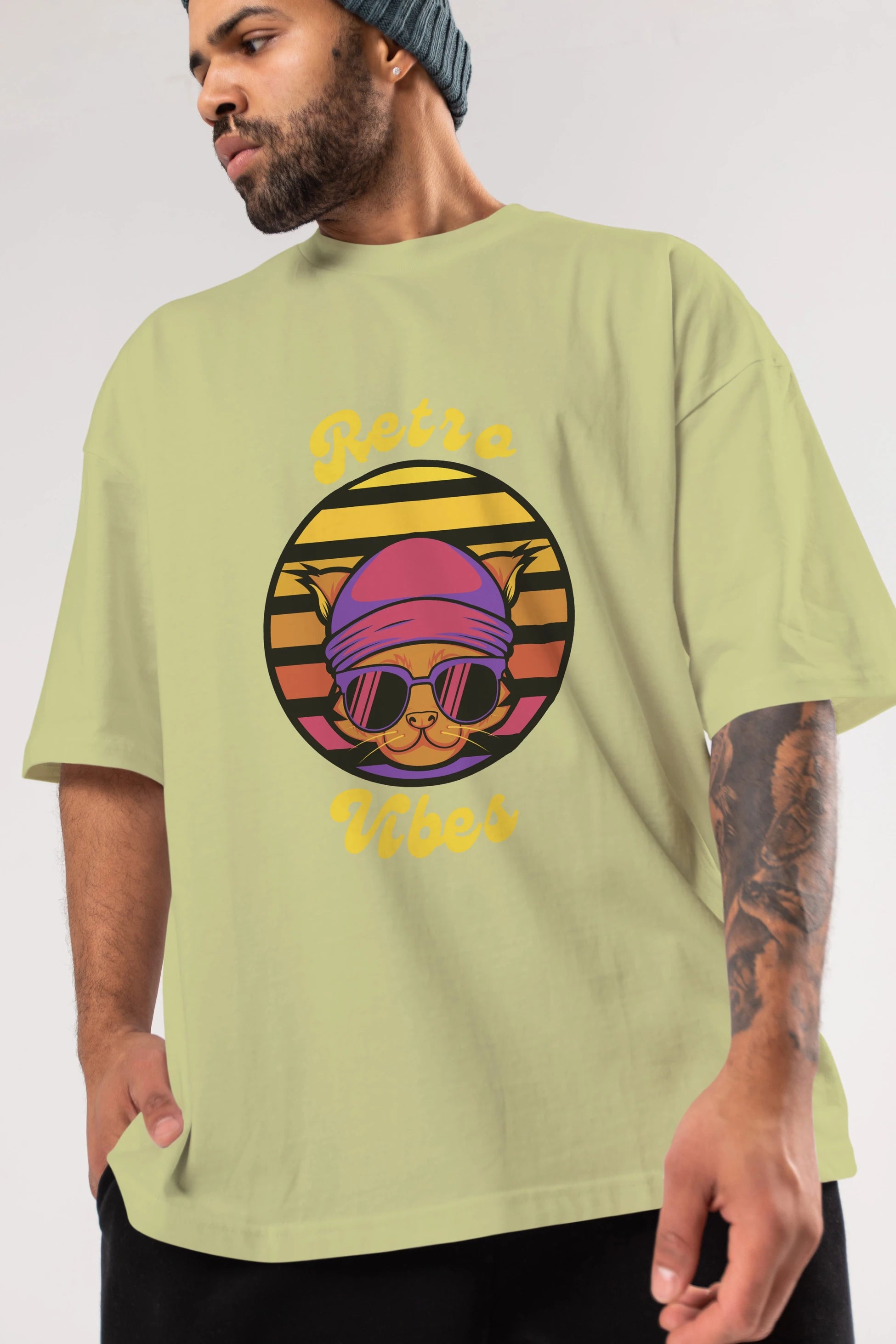 Cat Retro Vibes Ön Baskılı Oversize t-shirt Erkek Kadın Unisex