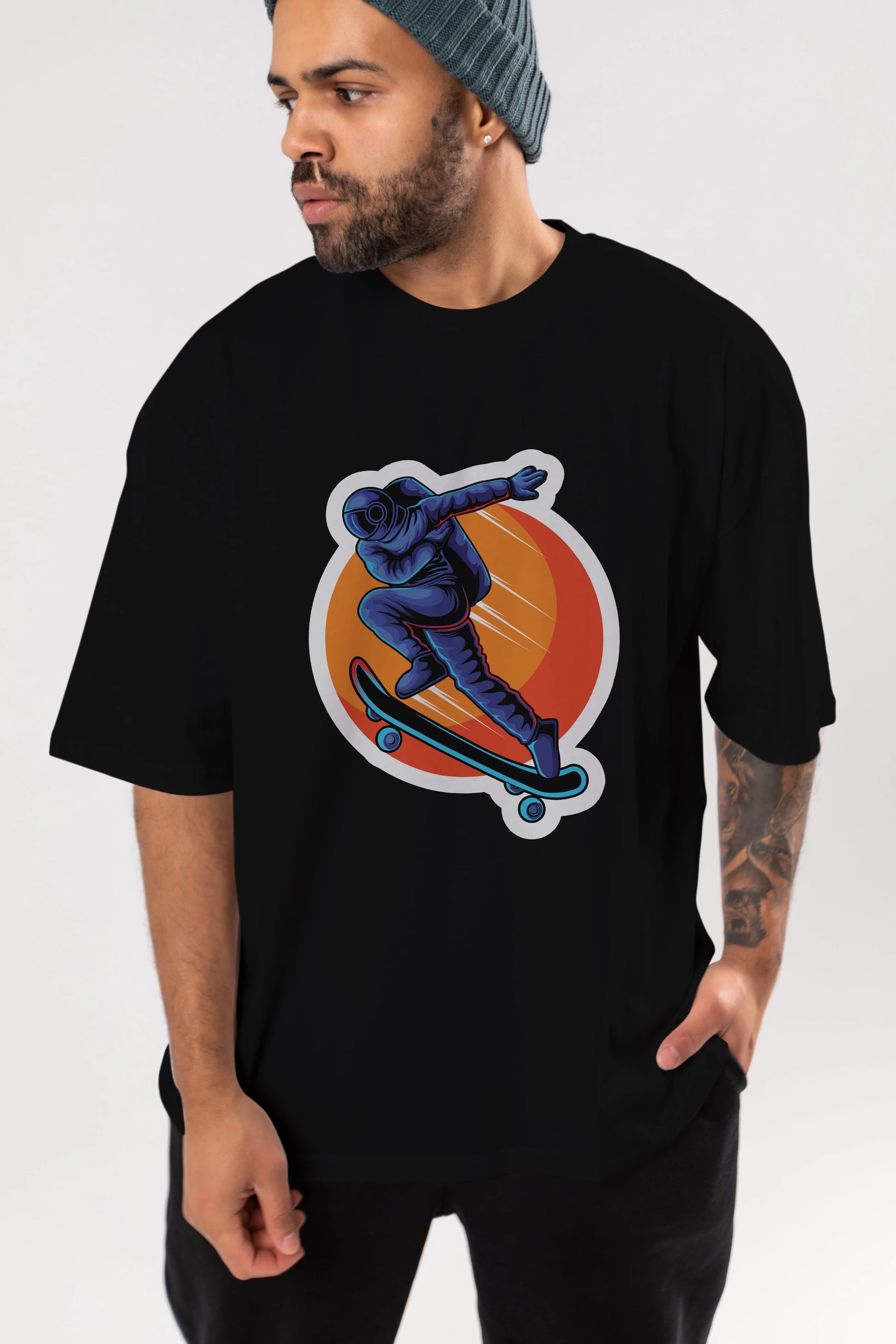 Astroskate Run Sticker Ön Baskılı Oversize t-shirt Erkek Kadın Unisex