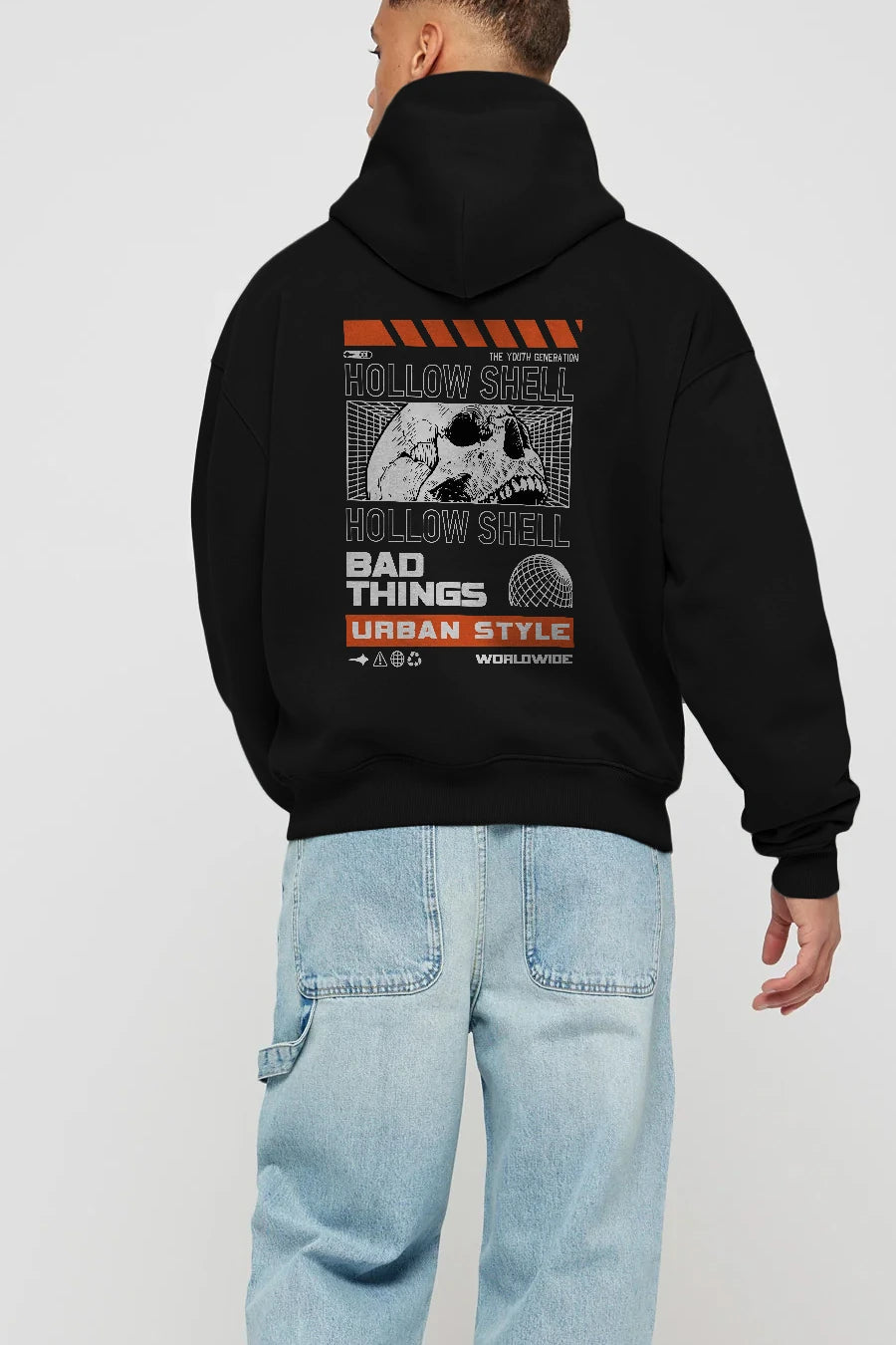 Hollow Shell Arka Baskılı Hoodie Oversize Kapüşonlu Sweatshirt Erkek Kadın Unisex