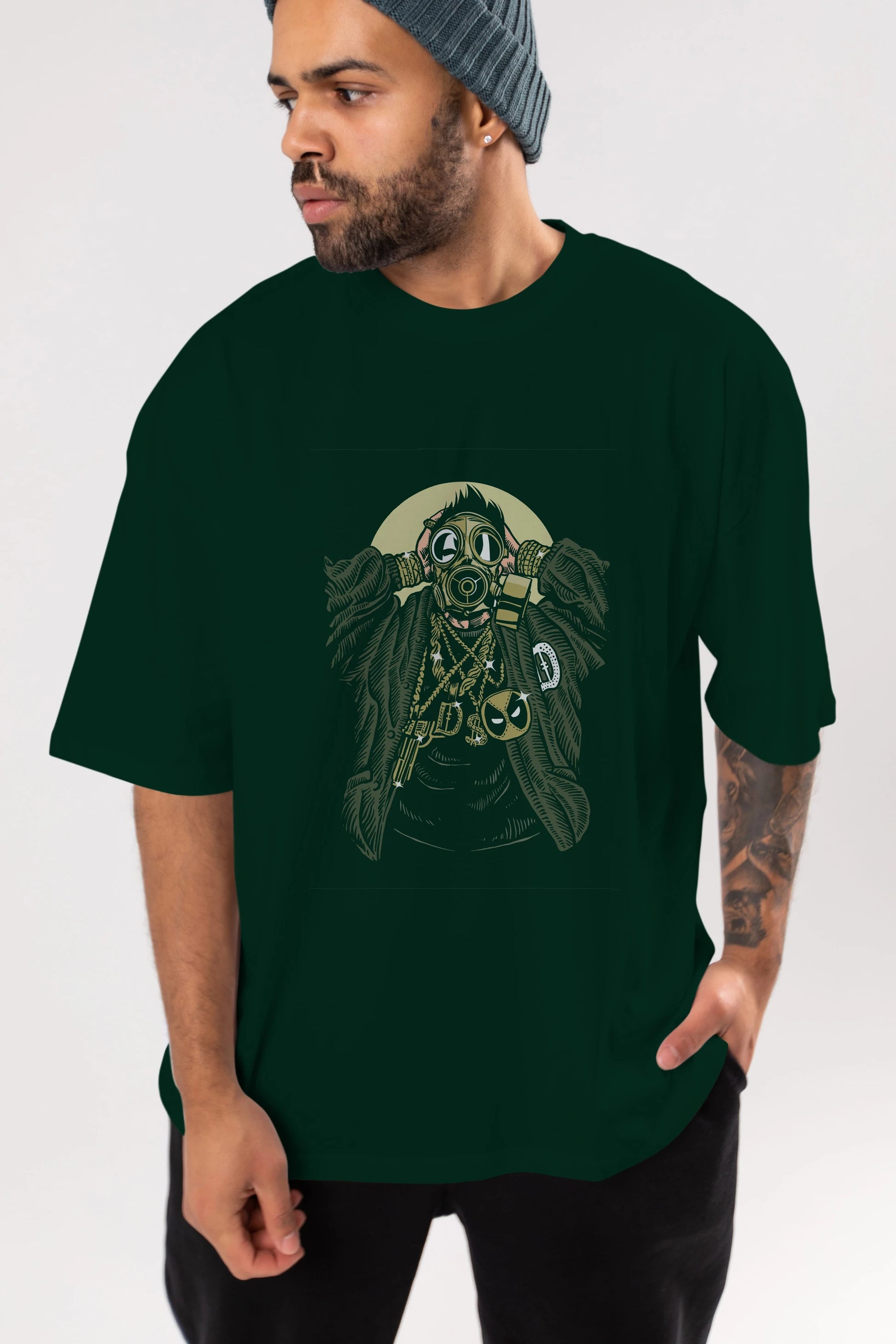 Gasmask Gangsta Ön Baskılı Oversize t-shirt Erkek Kadın Unisex %100 Pamuk tişort