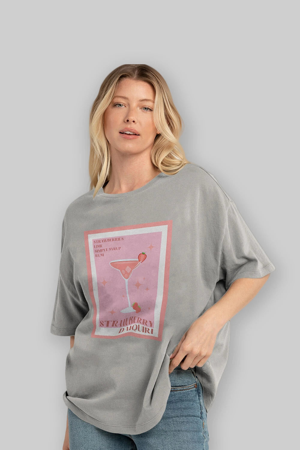 Strawberry Daiquiri Ön Baskılı Oversize t-shirt Erkek Kadın Unisex %100 Pamuk Bisiklet Yaka tişort