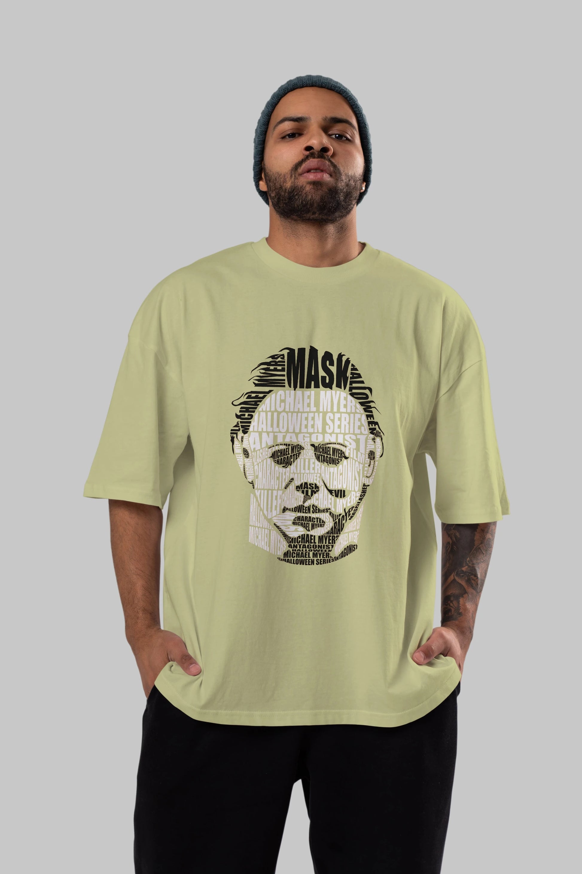 Michael Myers Calligram Ön Baskılı Oversize t-shirt %100 pamuk Erkek Kadın Unisex