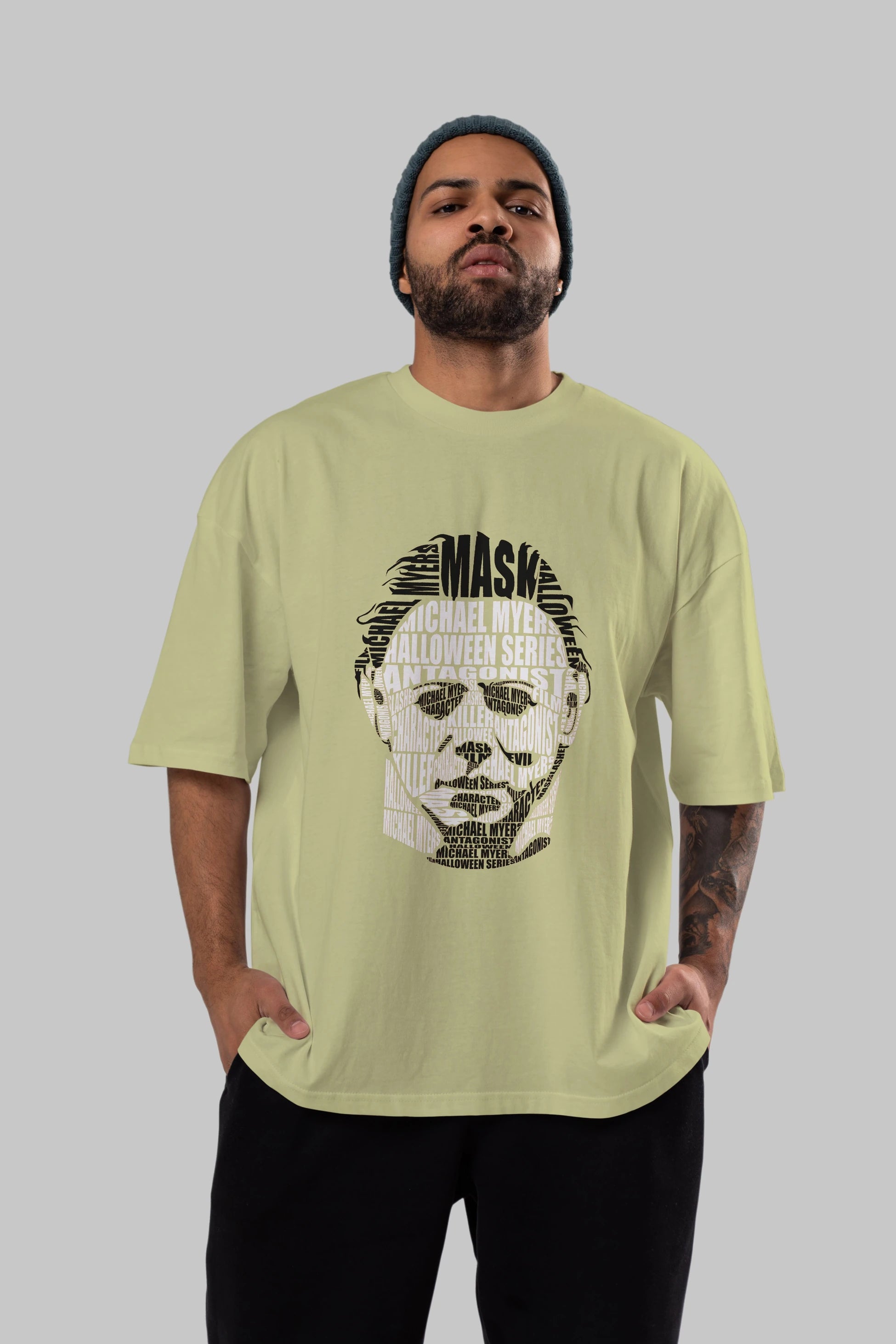 Michael Myers Calligram Ön Baskılı Oversize t-shirt %100 pamuk Erkek Kadın Unisex