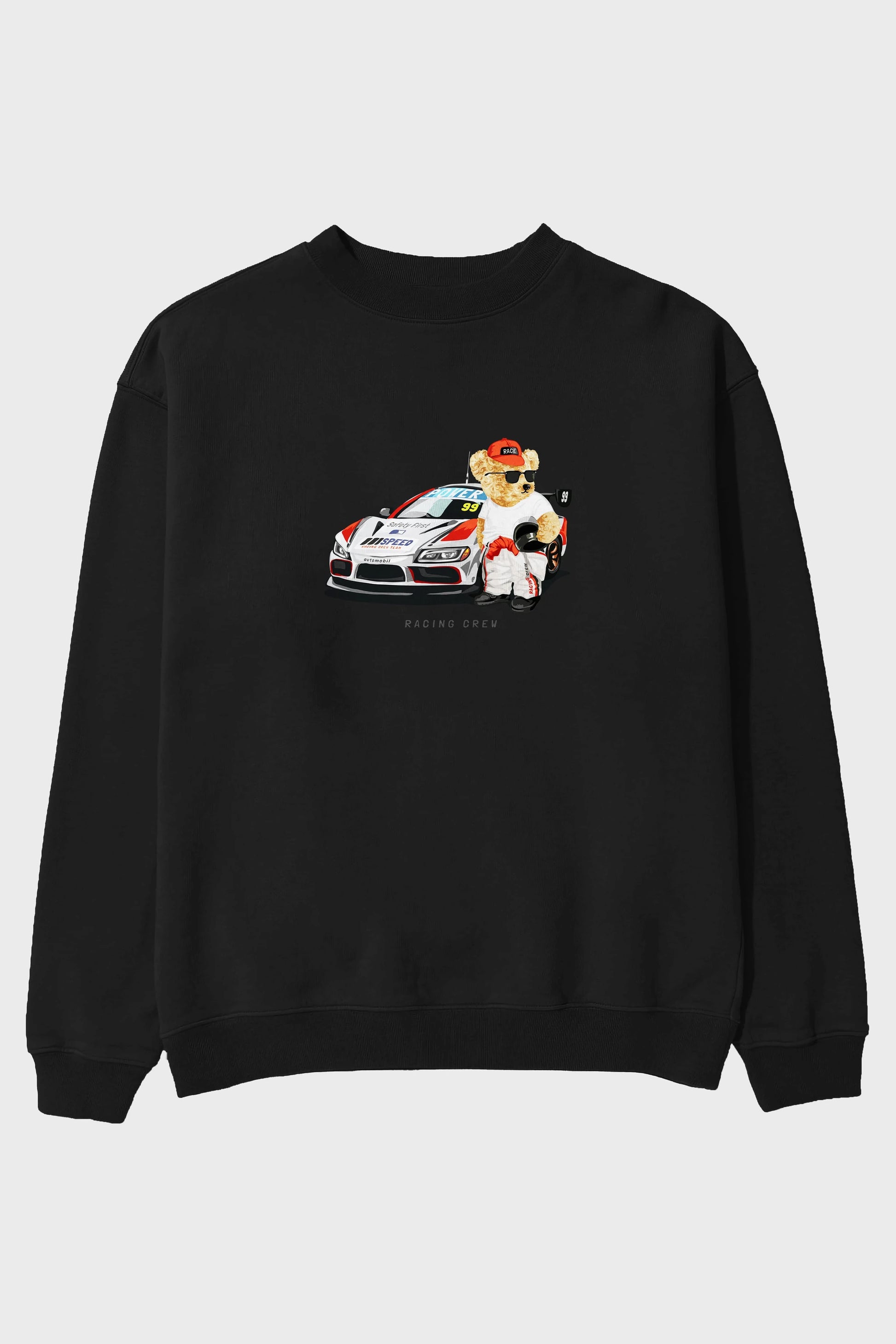 Teddy Bear Racing Crew Ön Baskılı Oversize Sweatshirt Erkek Kadın Unisex