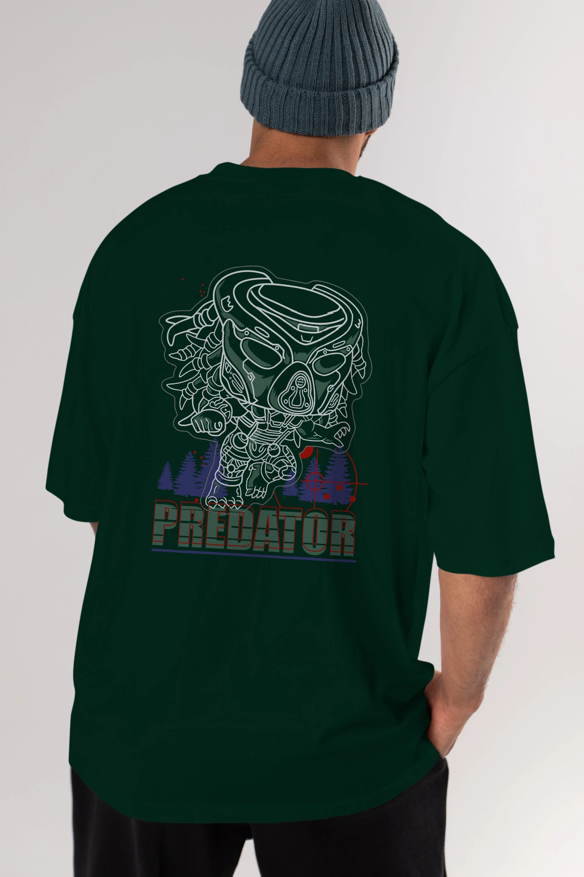 Predator Arka Baskılı Oversize t-shirt Erkek Kadın Unisex %100 Pamuk Bisiklet Yaka tişort