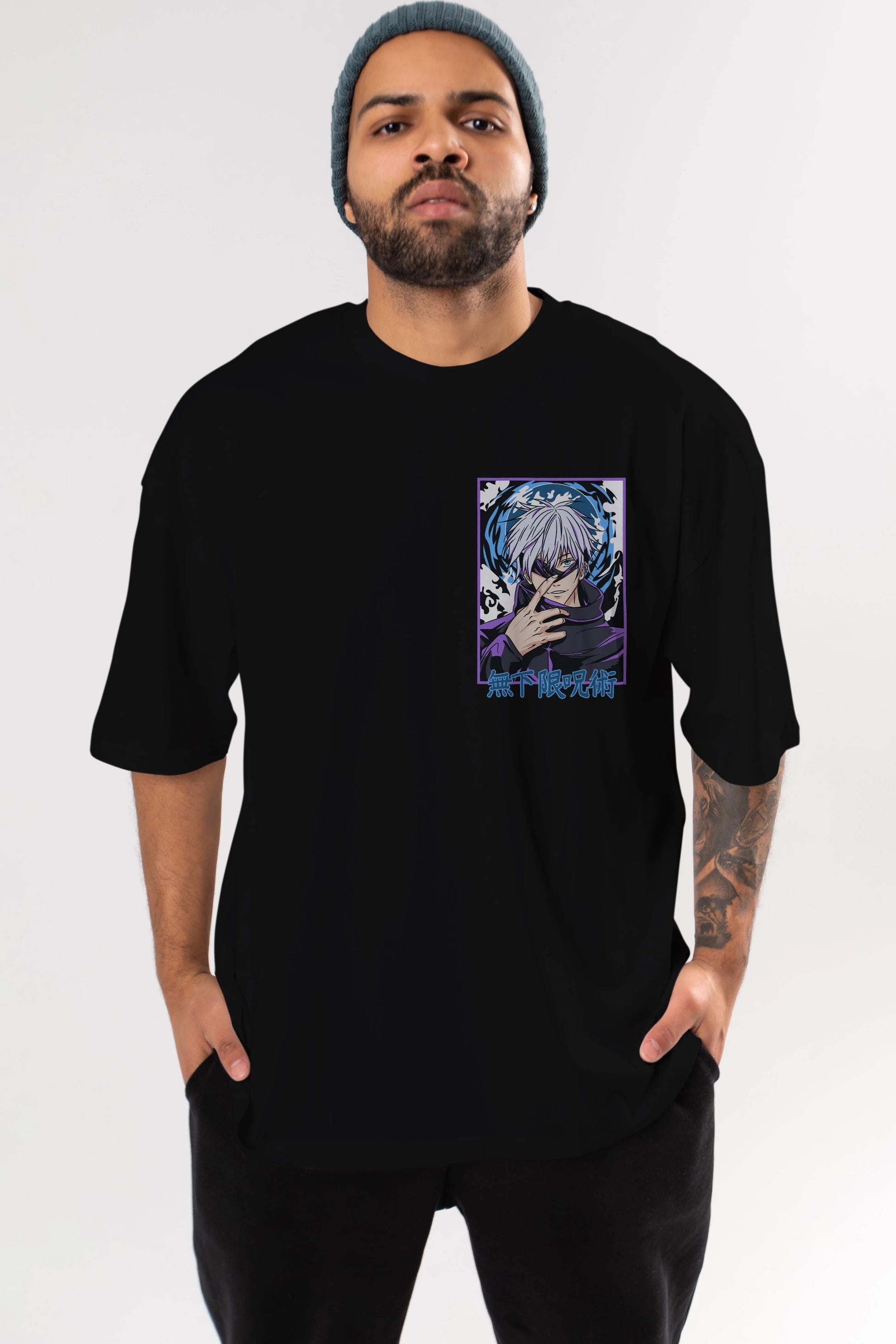 SATORU GOJO 3 Ön Sol Baskılı Oversize t-shirt Erkek Kadın Unisex %100 Pamuk Bisiklet Yaka tişort