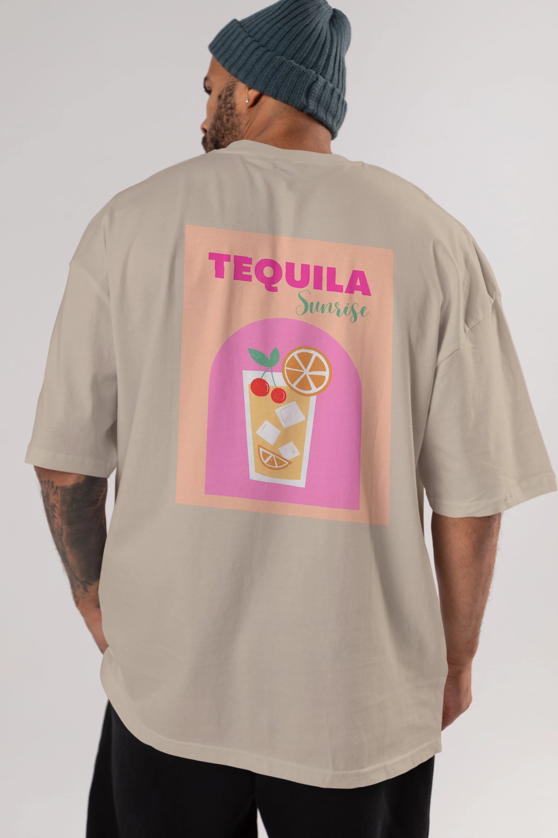 Tequila Sunrise 2 Arka Baskılı Oversize t-shirt Erkek Kadın Unisex %100 Pamuk Bisiklet Yaka tişort
