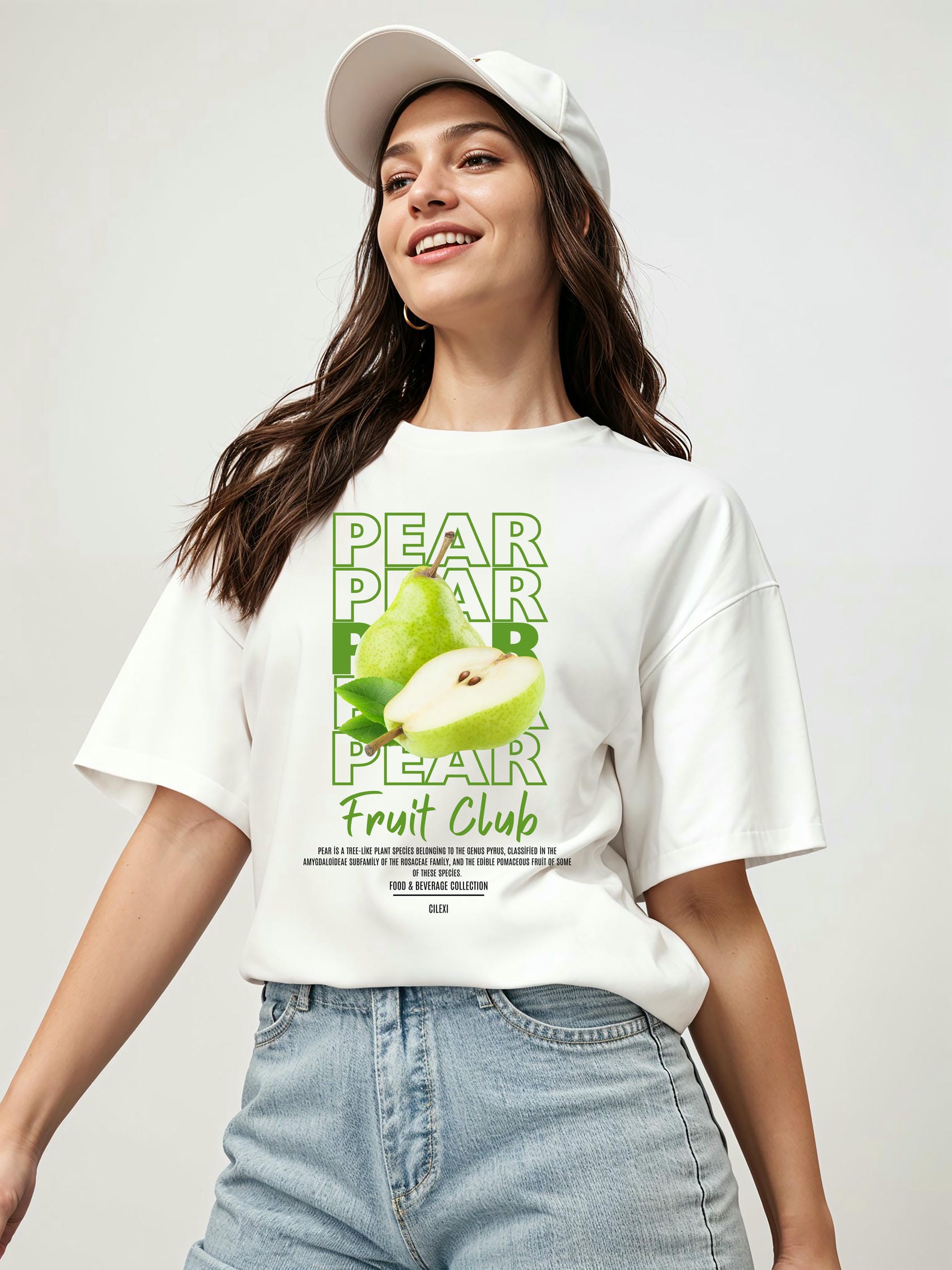 Pear Ön Baskılı Oversize t-shirt Erkek Kadın Pamuk Bisiklet Yaka tişort