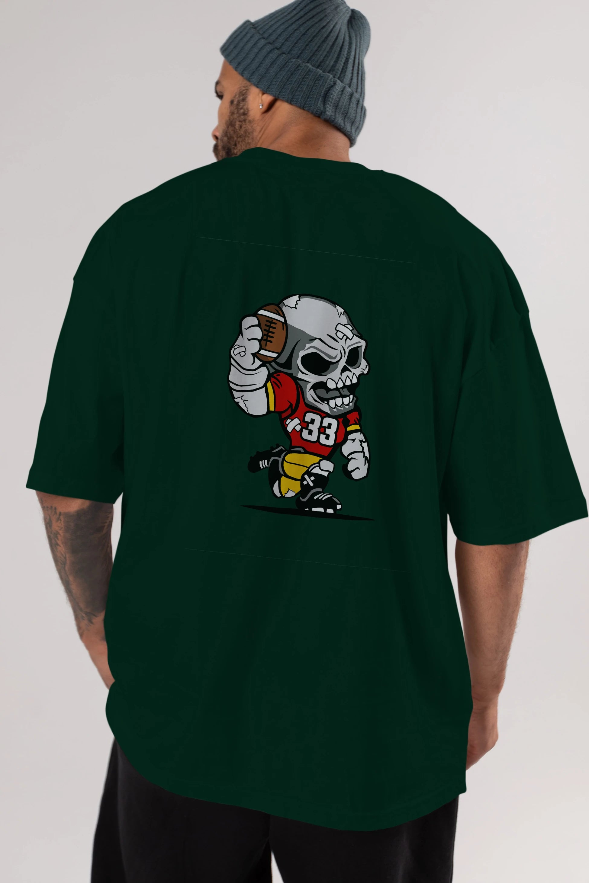 Skull Football Player Arka Baskılı Oversize t-shirt Erkek Kadın Unisex %100 Pamuk tişort