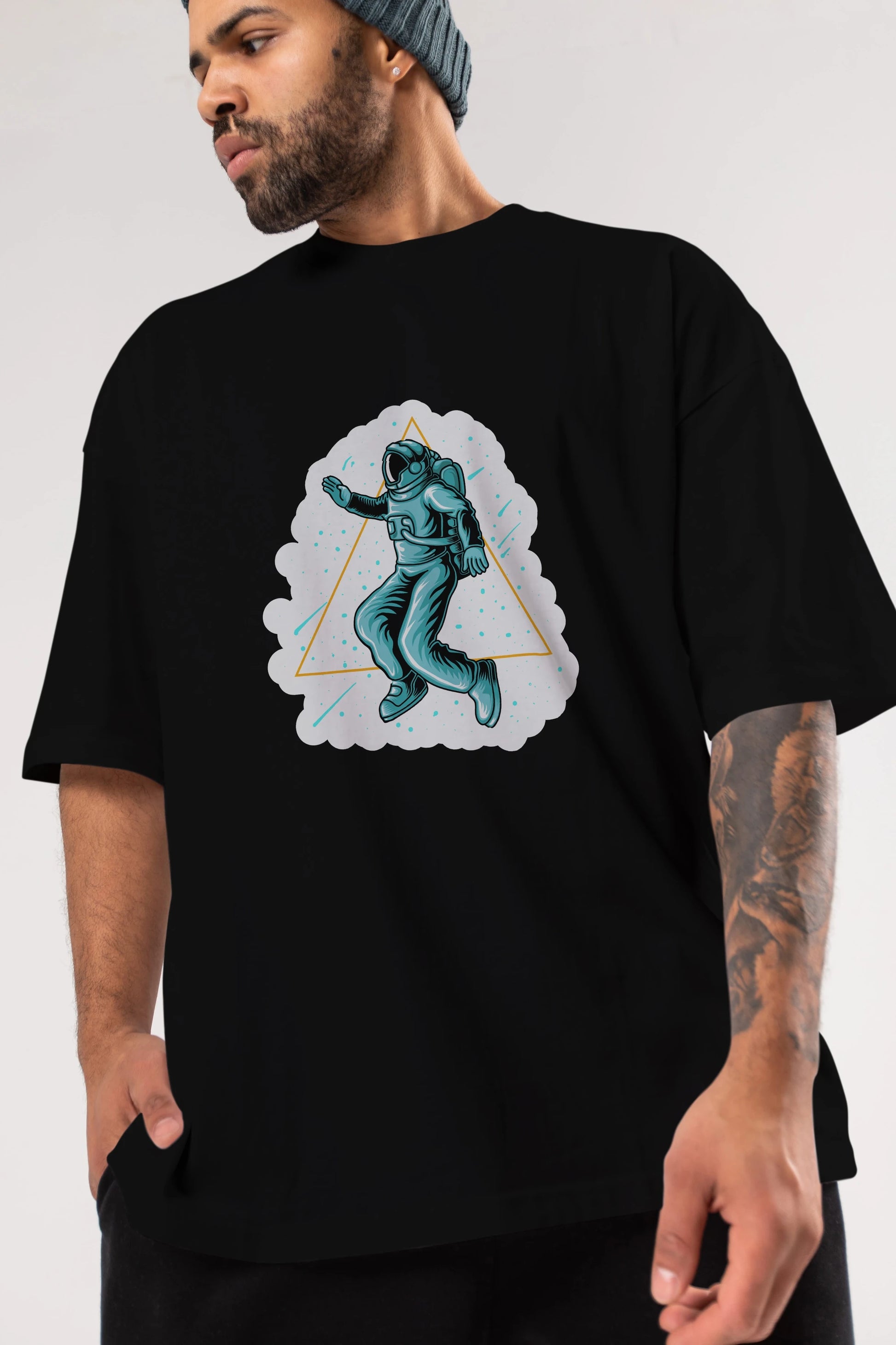 Astronaut Starry Triangle Sticker Ön Baskılı Oversize t-shirt Erkek Kadın Unisex