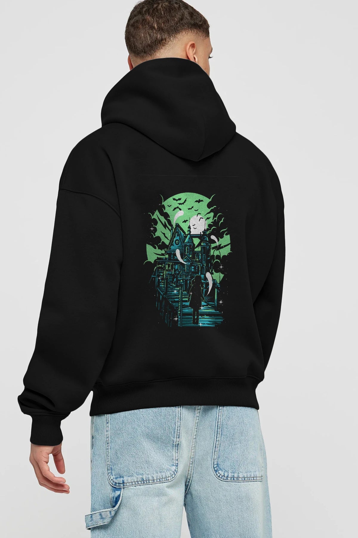 Haunted House Arka Baskılı Hoodie Oversize Kapüşonlu Sweatshirt Erkek Kadın Unisex