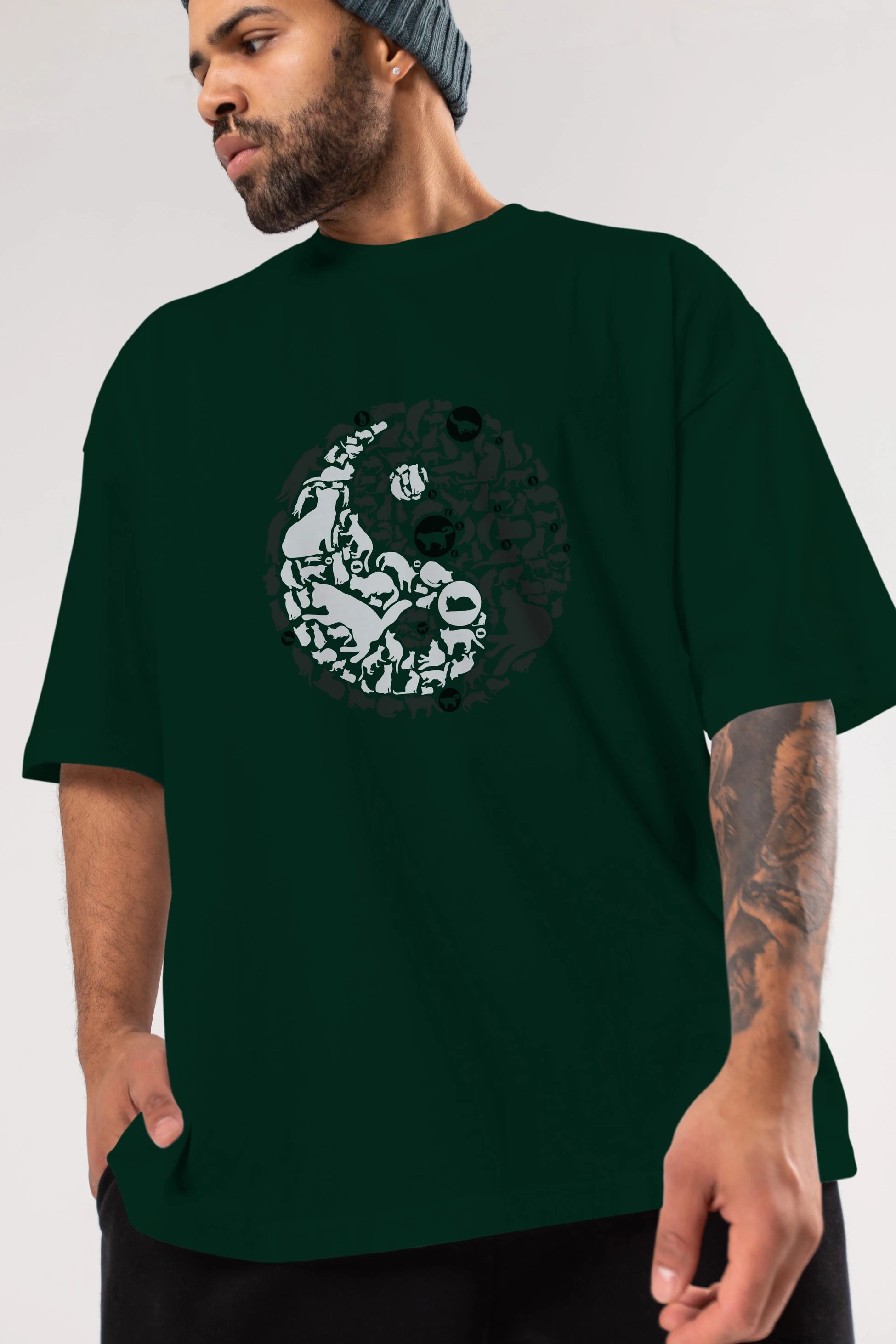 YinYang Cats Ön Baskılı Oversize t-shirt %100 pamuk Erkek Kadın Unisex