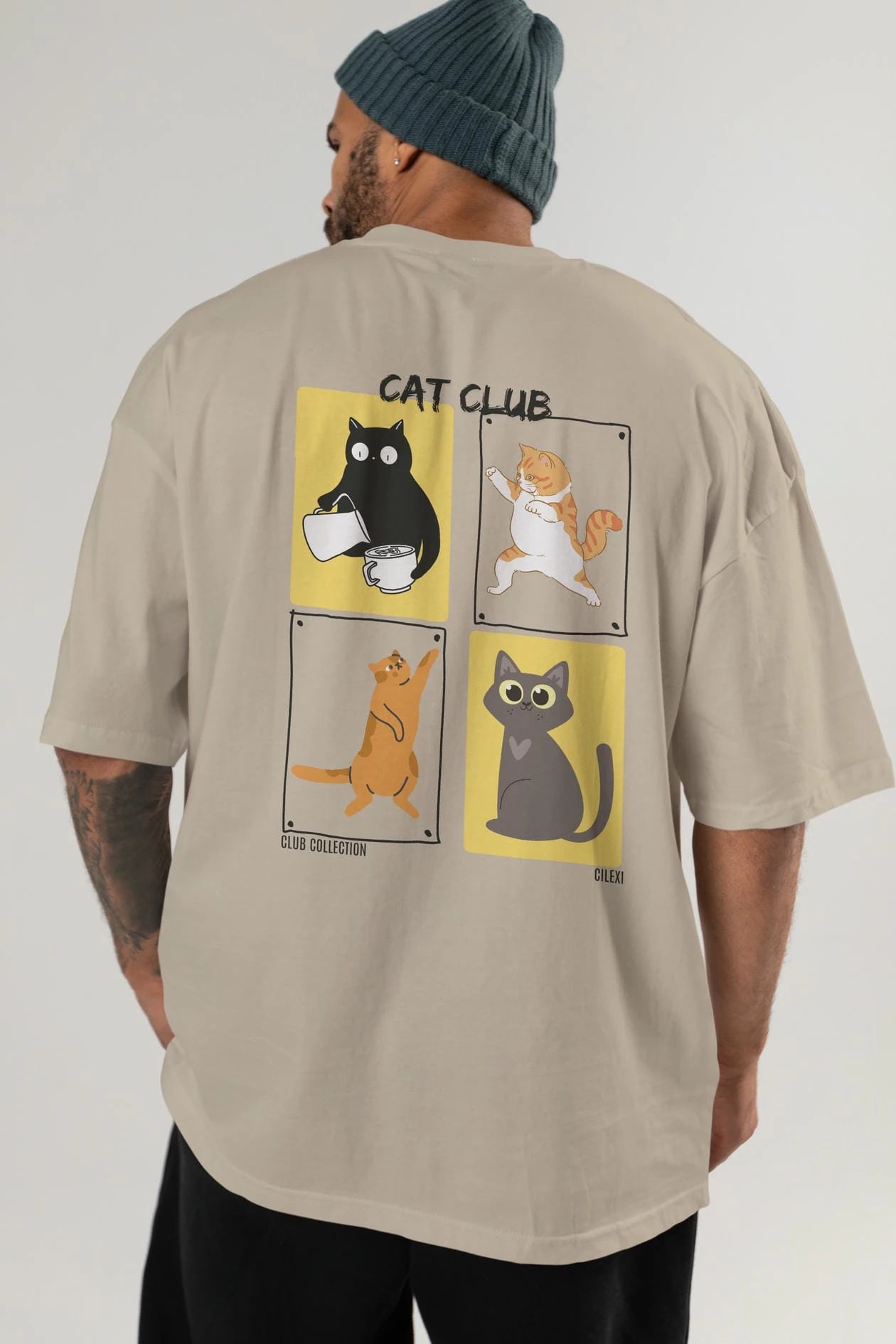 Cat Club Arka Baskılı Oversize t-shirt Erkek Kadın %100 Pamuk Bisiklet Yaka tişort