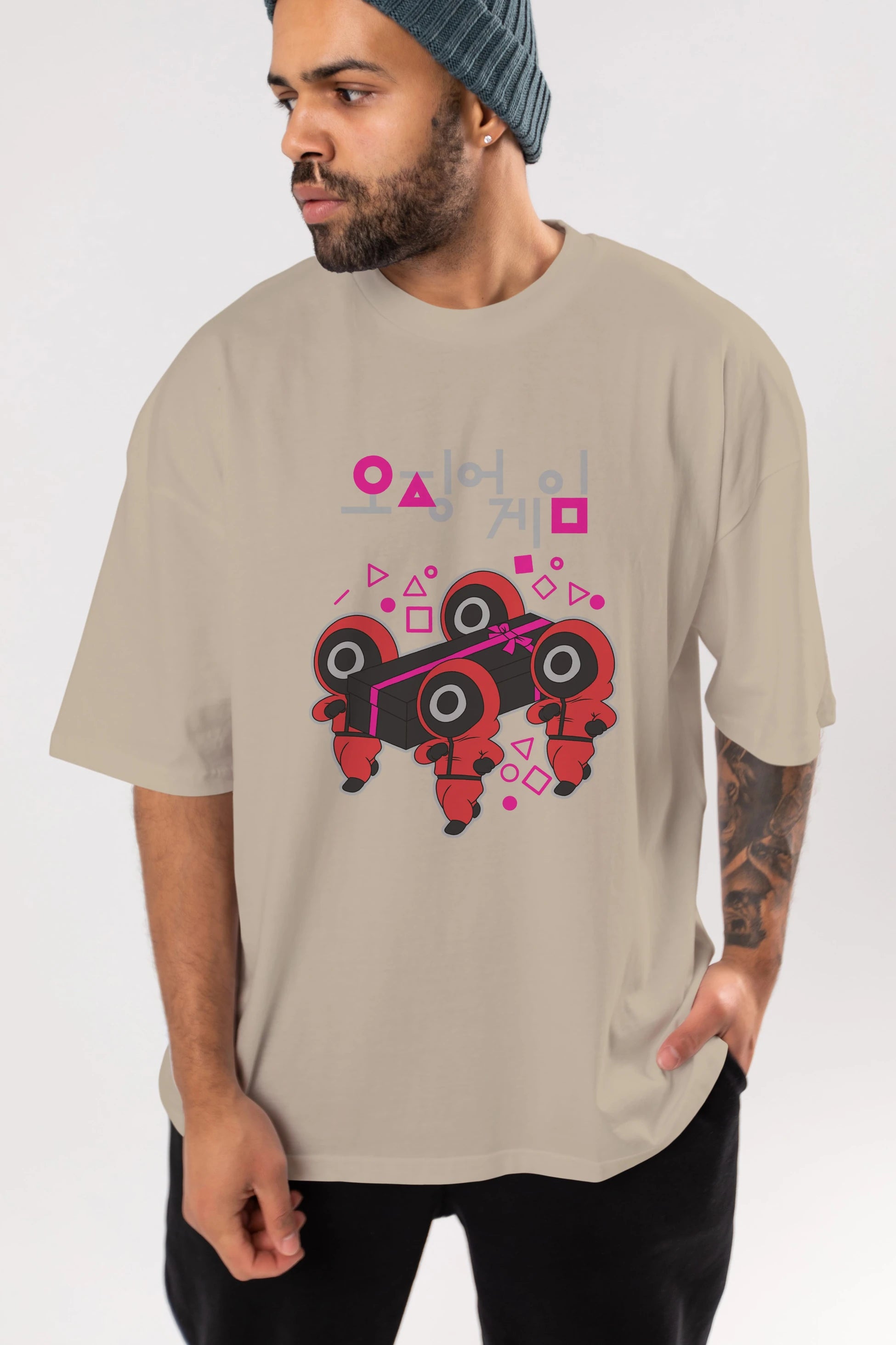 Squid Game (6) Ön Baskılı Oversize t-shirt Erkek Kadın Unisex %100 Pamuk Bisiklet Yaka tişort