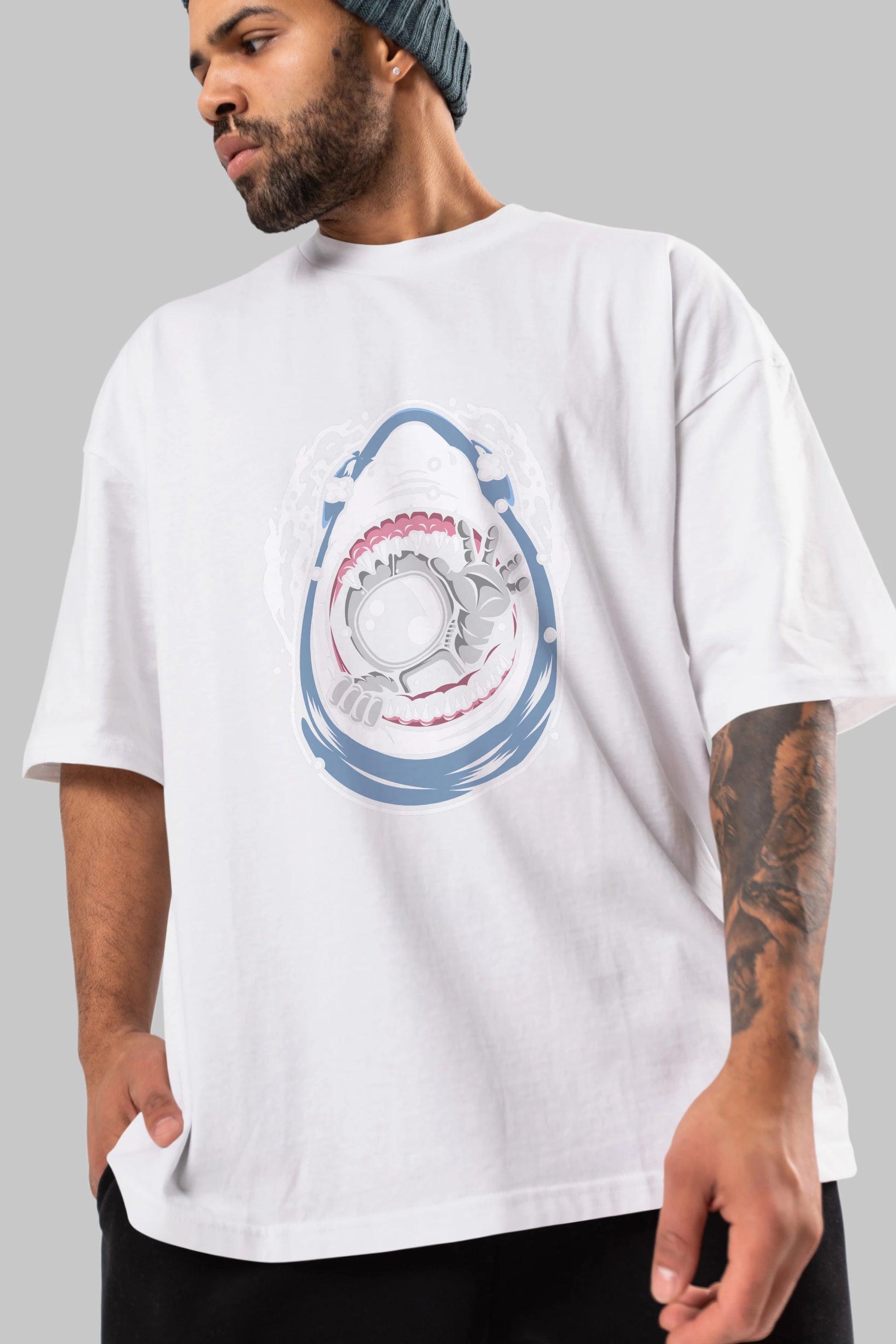 Astronaut Shark Ön Baskılı Oversize t-shirt Erkek Kadın Unisex