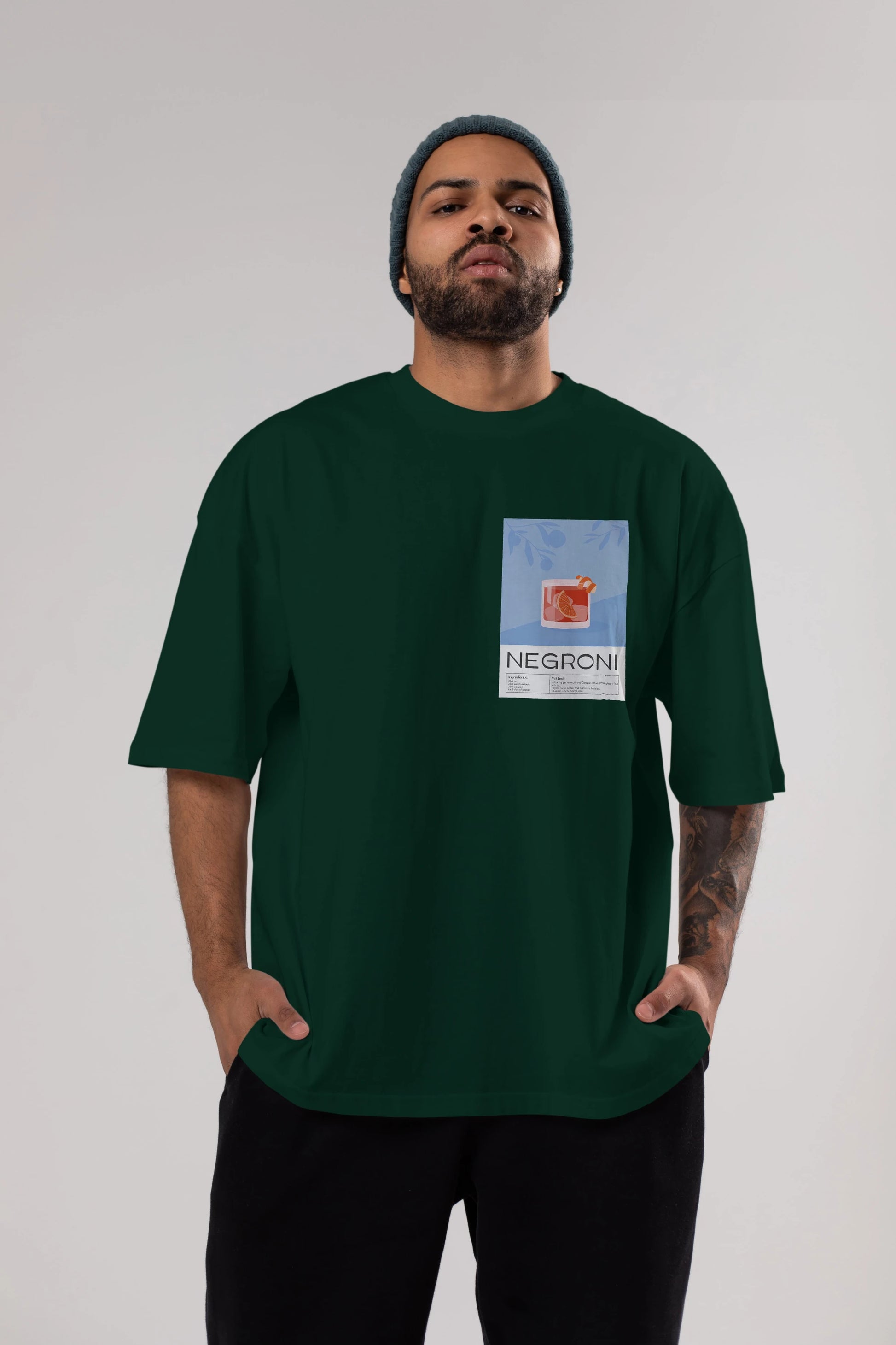 Negroni Ön Sol Baskılı Oversize t-shirt Erkek Kadın Unisex %100 Pamuk Bisiklet Yaka tişort