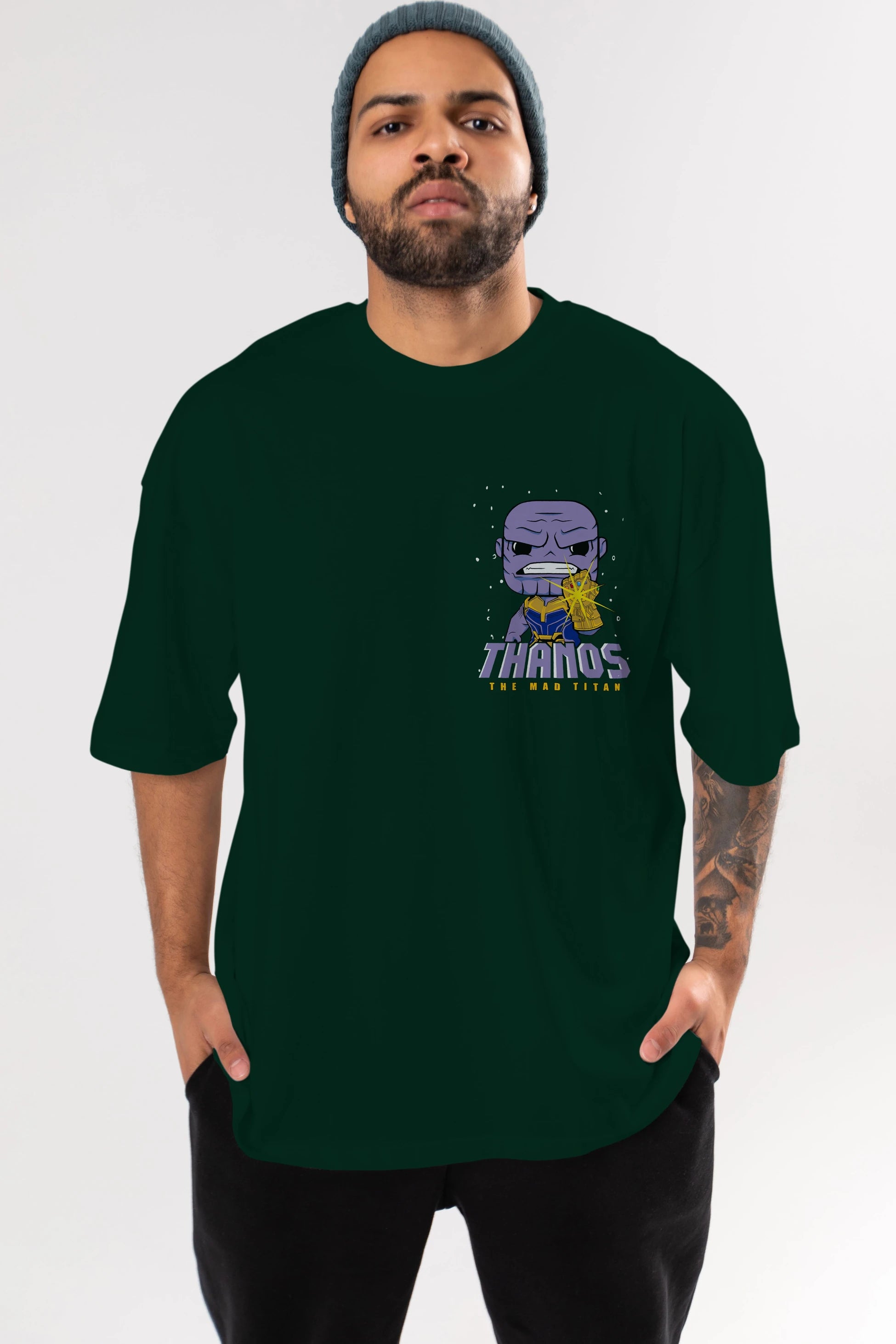Thanos (1) Ön Sol Baskılı Oversize t-shirt Erkek Kadın Unisex %100 Pamuk Bisiklet Yaka tişort