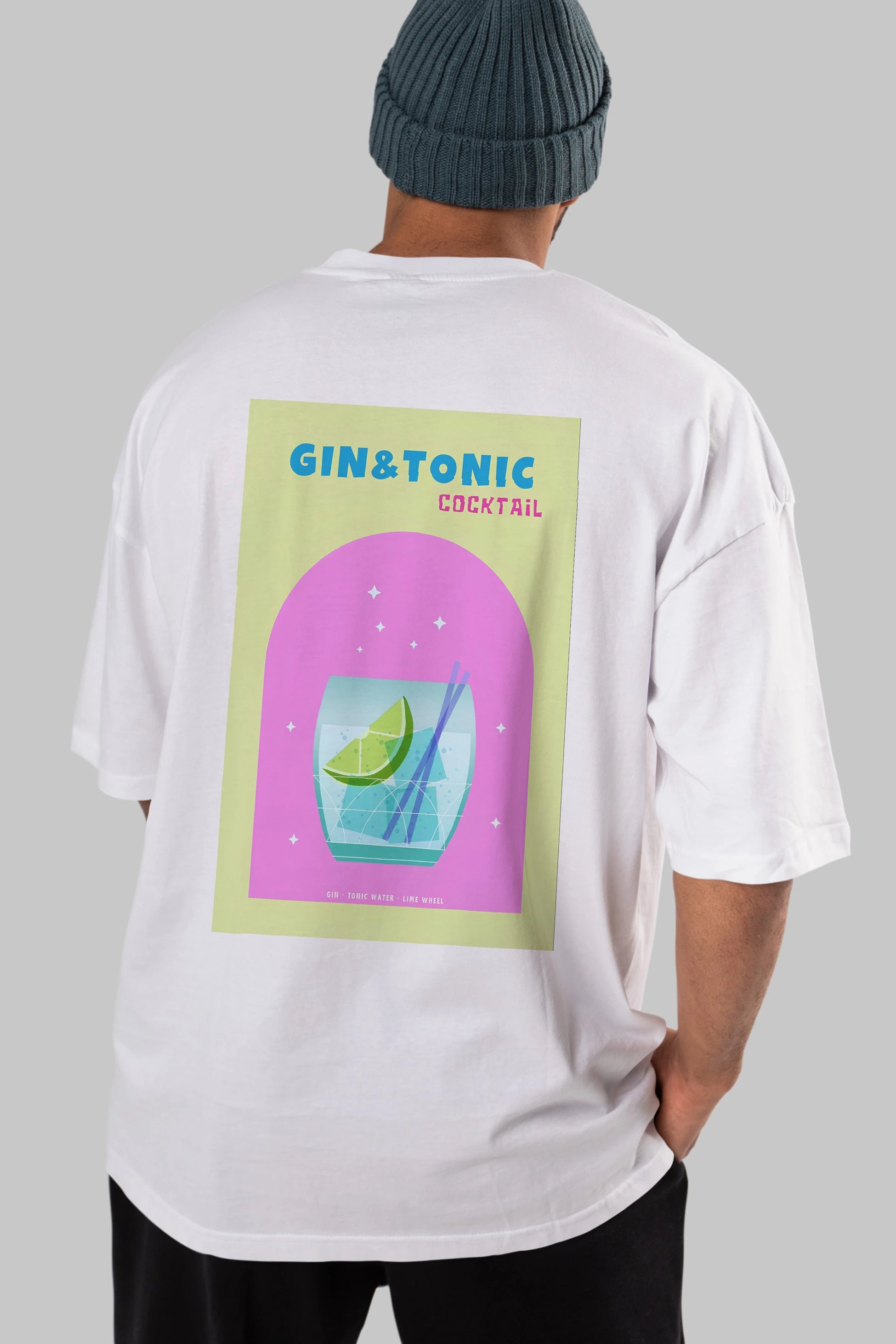 Gin Tonic Cocktail Arka Baskılı Oversize t-shirt Erkek Kadın Unisex %100 Pamuk Bisiklet Yaka tişort