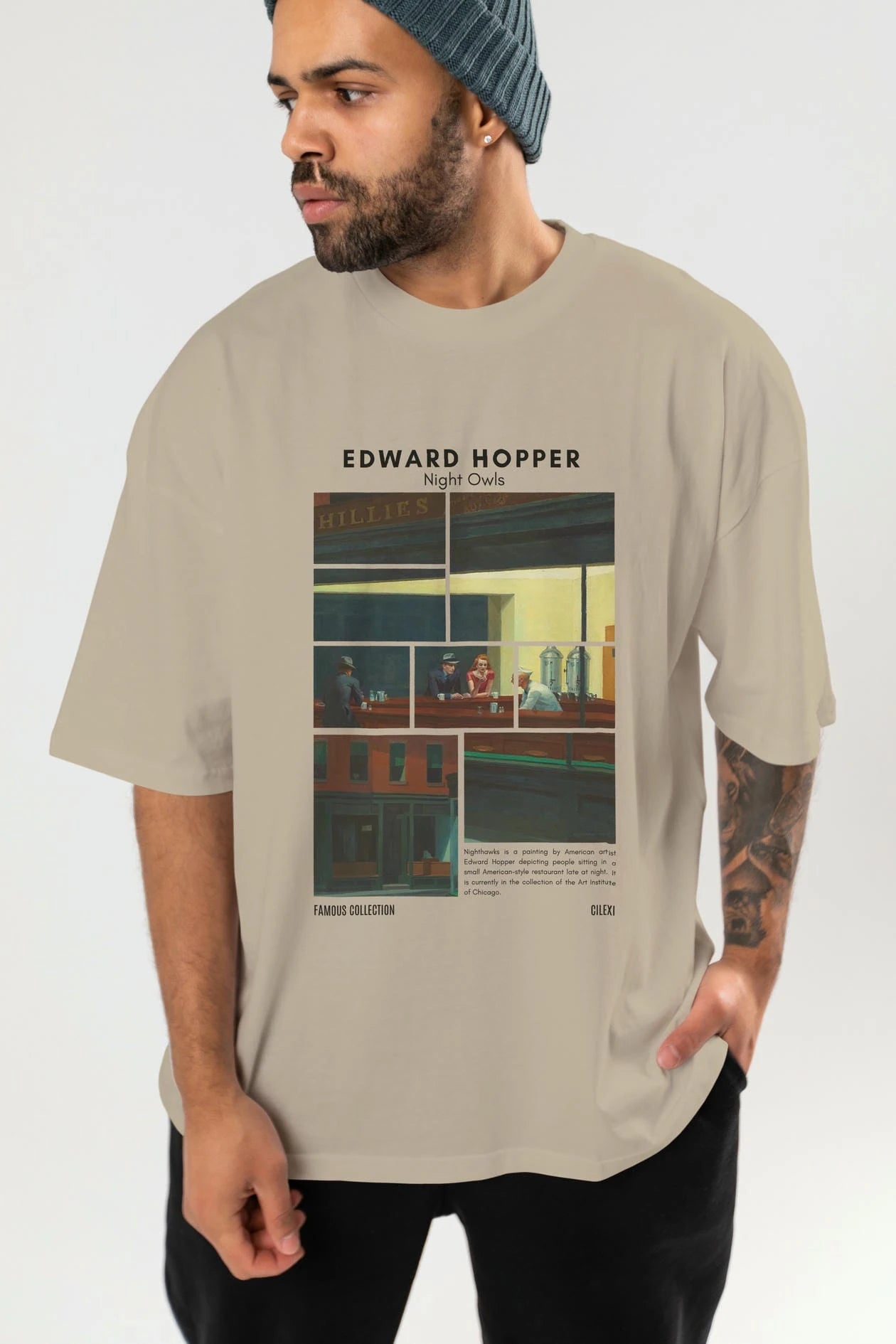 Edward Hopper Night Owls ön Baskılı Oversize t-shirt Erkek Kadın Bisiklet Yaka Pamuk tişort