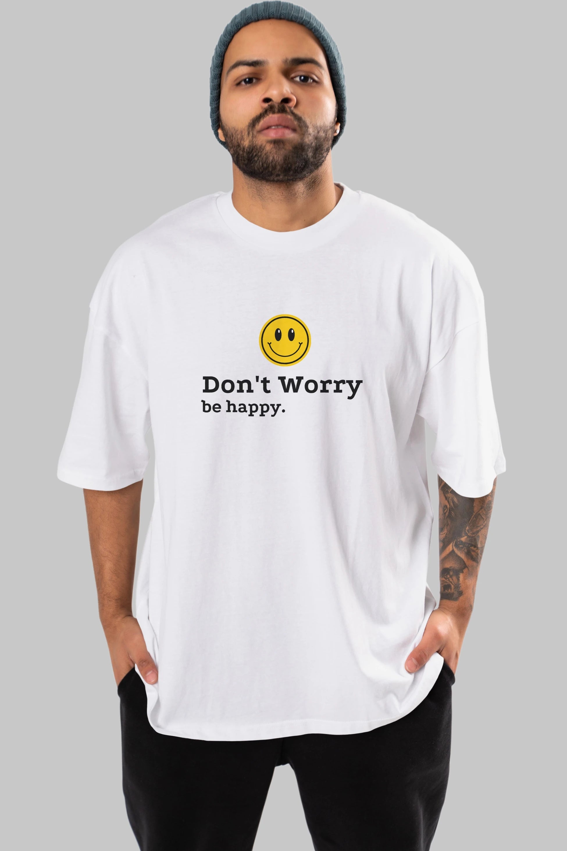 Don't Worry Be Happy Yazılı Ön Baskılı Oversize t-shirt Erkek Kadın Unisex