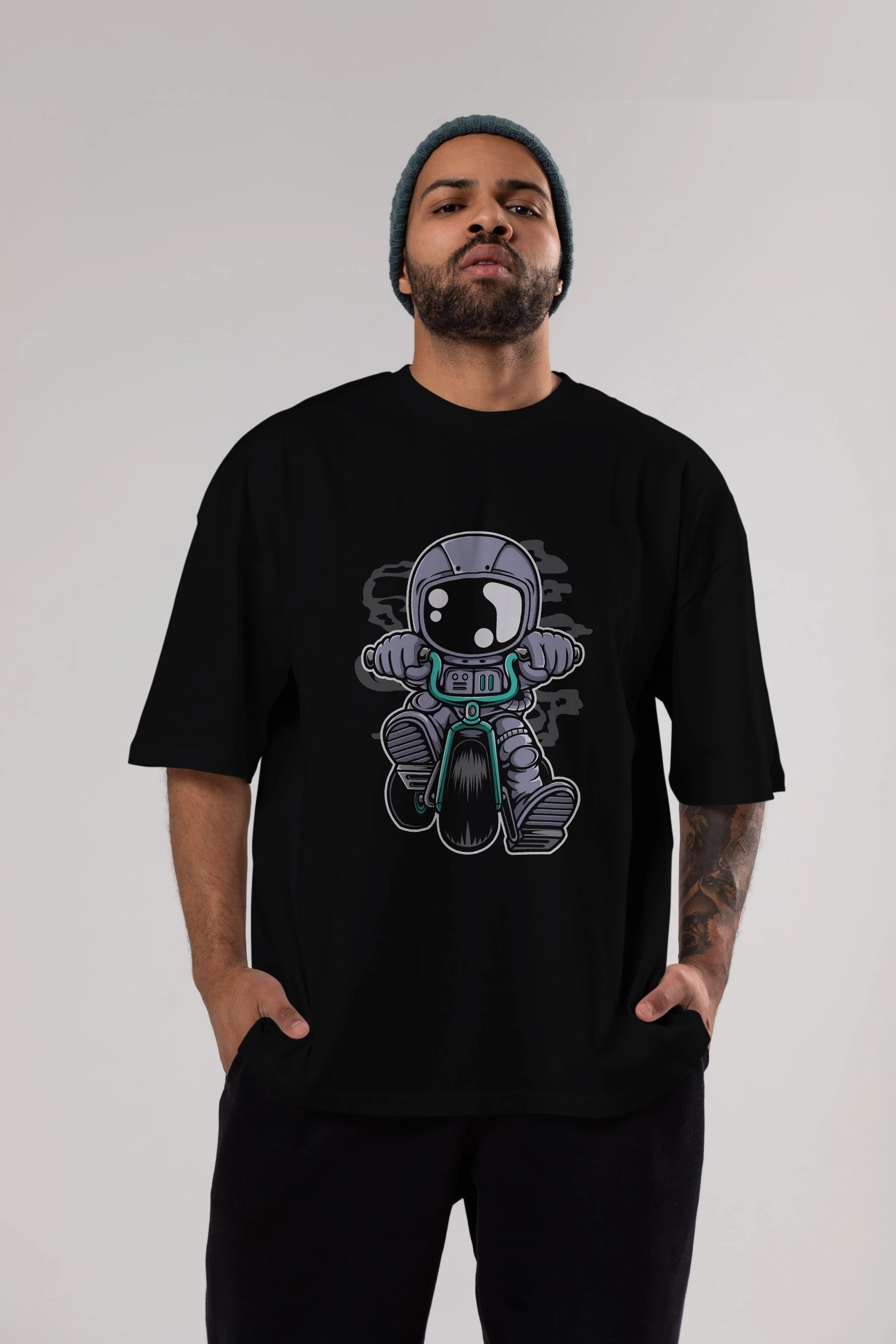 Astronaut Biker Ön Baskılı Oversize t-shirt Erkek Kadın Unisex