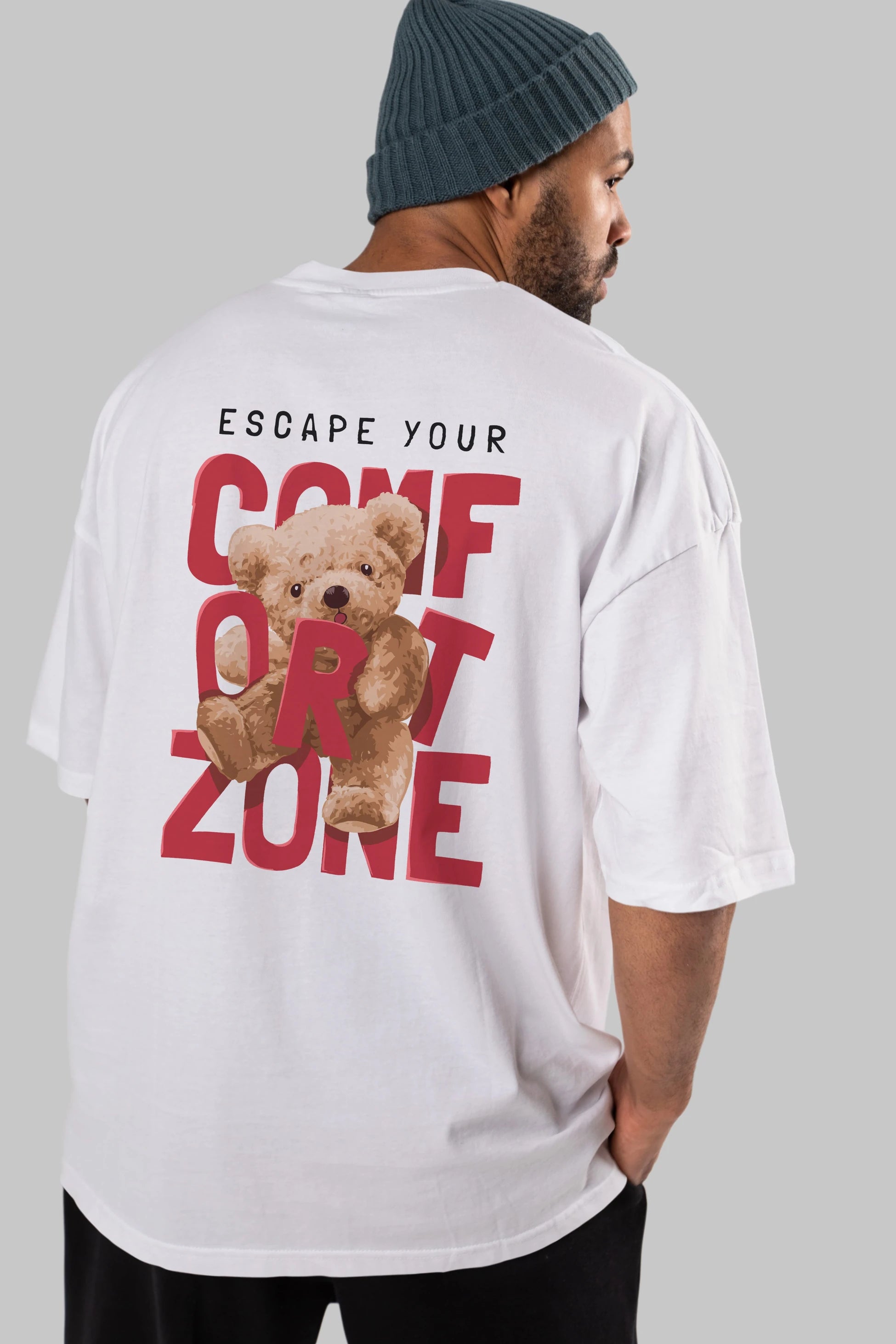 Teddy Bear Escape Comfort Zone Arka Baskılı Oversize t-shirt Erkek Kadın Unisex %100 Pamuk