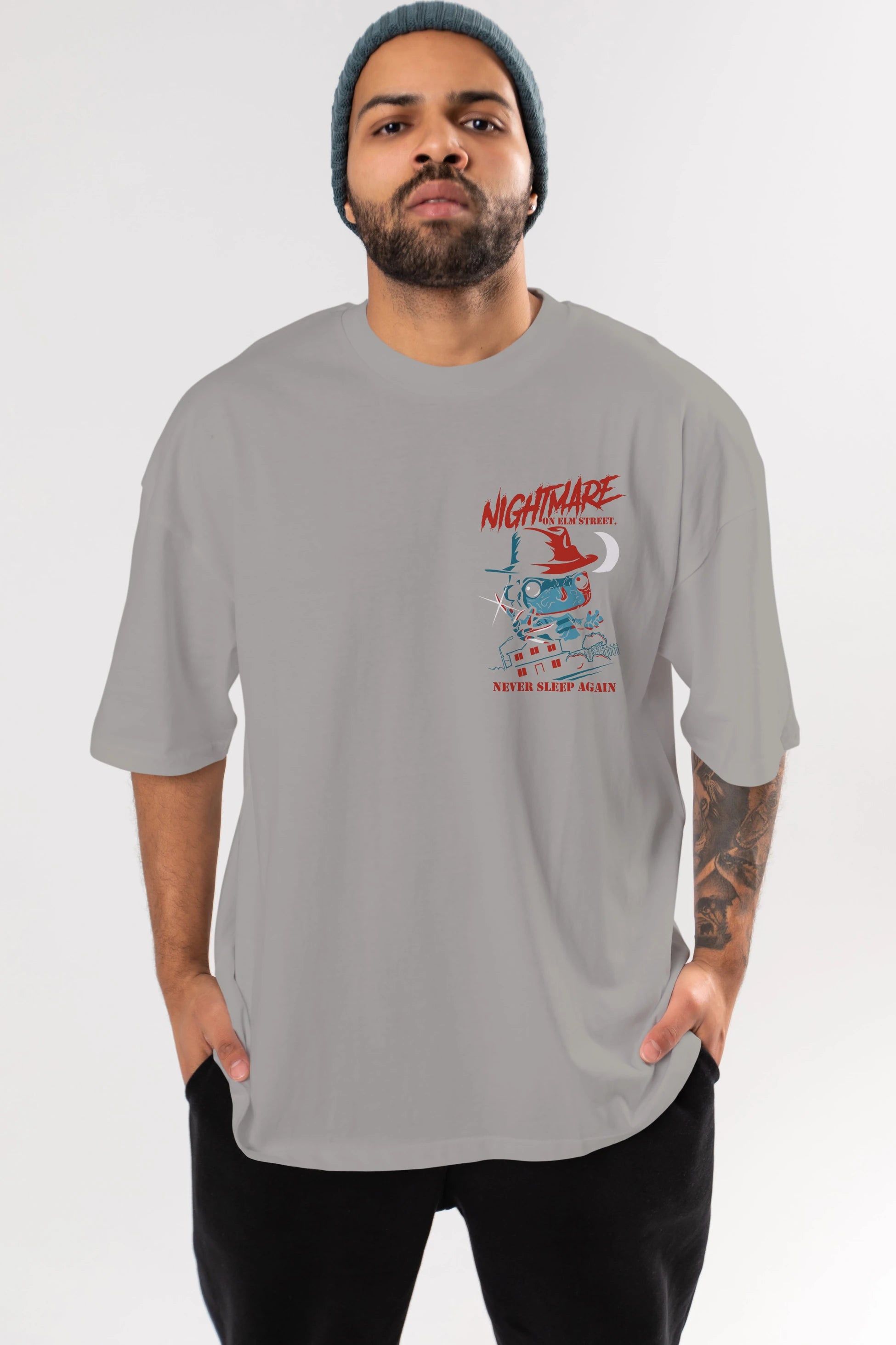 Nightmare Elm Sokağı Ön Sol Baskılı Oversize t-shirt Erkek Kadın Unisex %100 Pamuk Bisiklet Yaka tişort