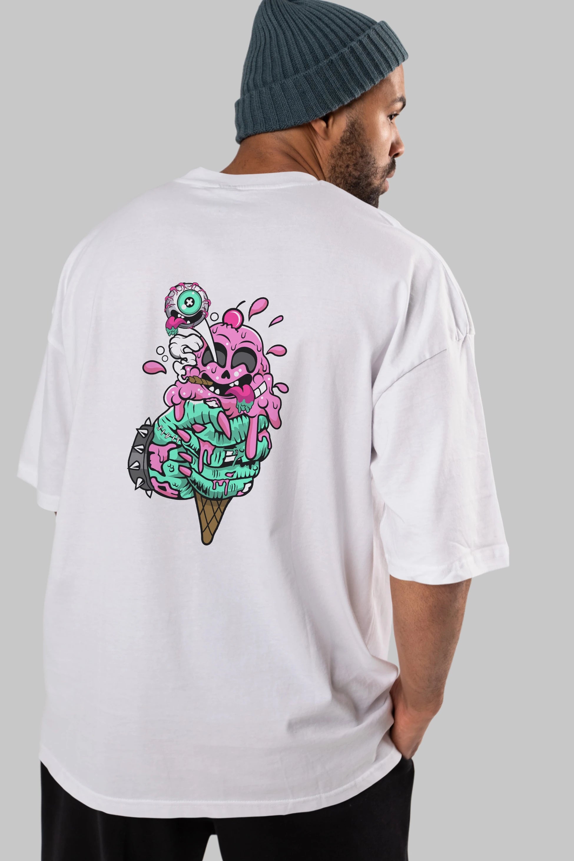 Ice Cream Zombie Arka Baskılı Oversize t-shirt Erkek Kadın Unisex %100 Pamuk tişort